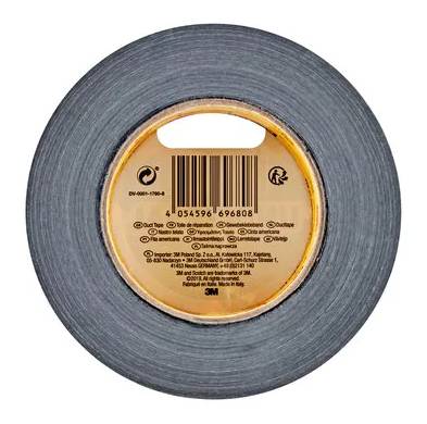 Rolle graues Klebeband von oben gezeigt mit einem beigefarbenen mittleren Etikett und Barcode.