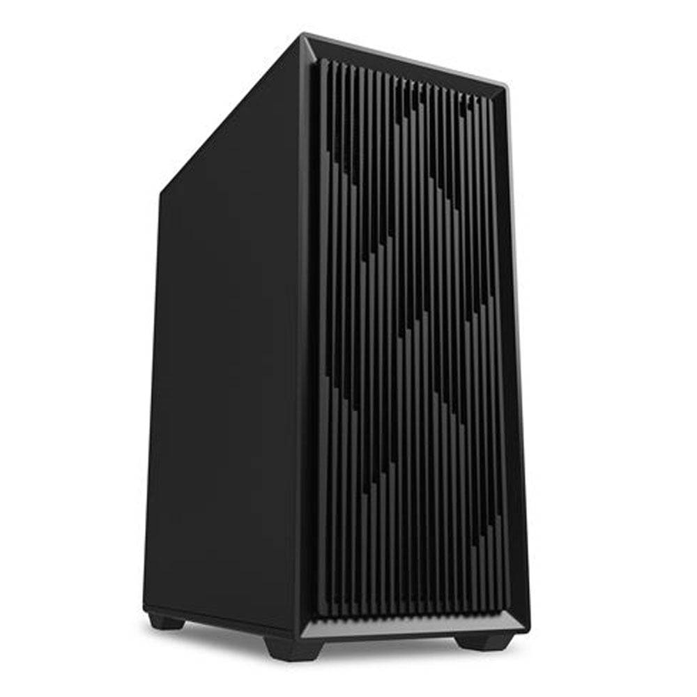 Ein eleganter schwarzer Computerturm mit einer Frontblende, die vertikale Schlitze zur Belüftung aufweist.