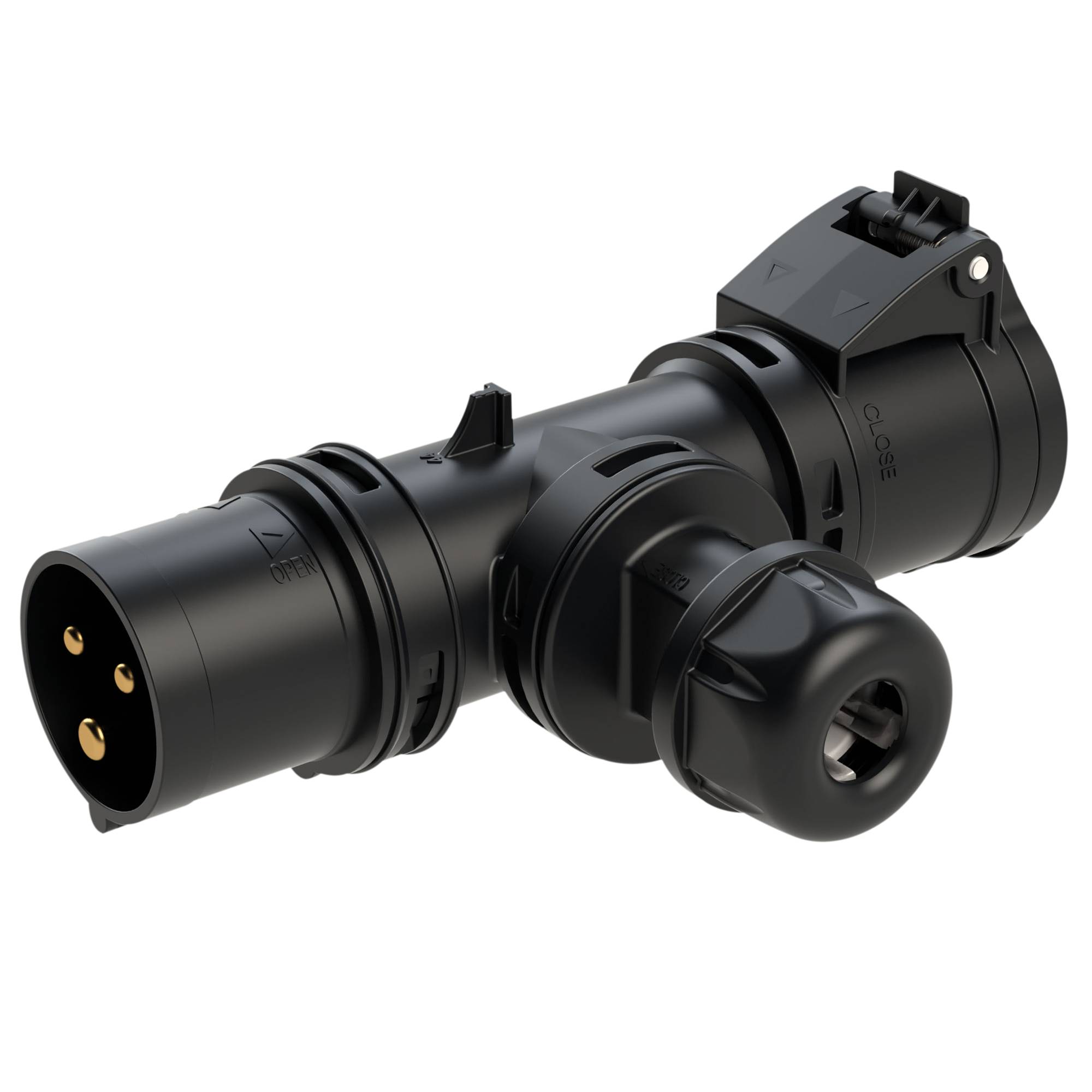 PCE CEE T-Connect 16 A / 240 V - 3P Male/Female 1 x 3P CEE Eingang - 1 x 3P CEE Ausgang - 1x 3P Klemmenausgang mit Kabelverschraubung - IP44