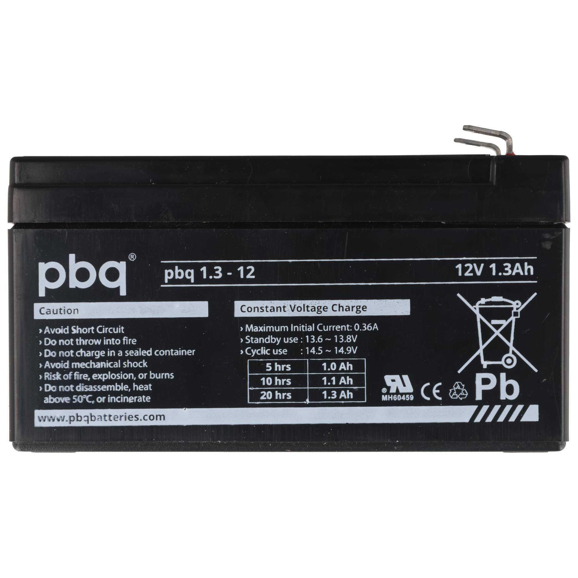 Schwarze PBQ 12V 1,3Ah versiegelte Blei-Säure-Batterie mit Sicherheits- und Ladetiketten auf der Vorderseite.