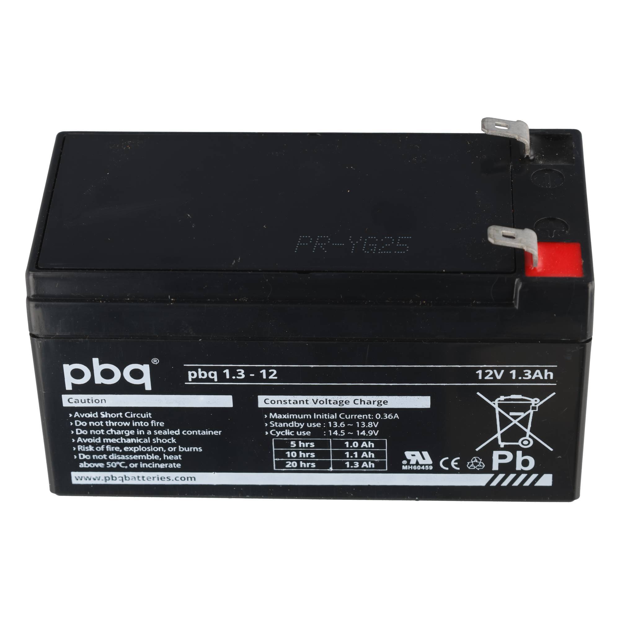 Schwarze 12-V-Bleiakku-Batterie 1,3 Ah mit versiegeltem Bleiakku mit zwei Anschlüssen und Warnschild, auf weißem Hintergrund gezeigt.