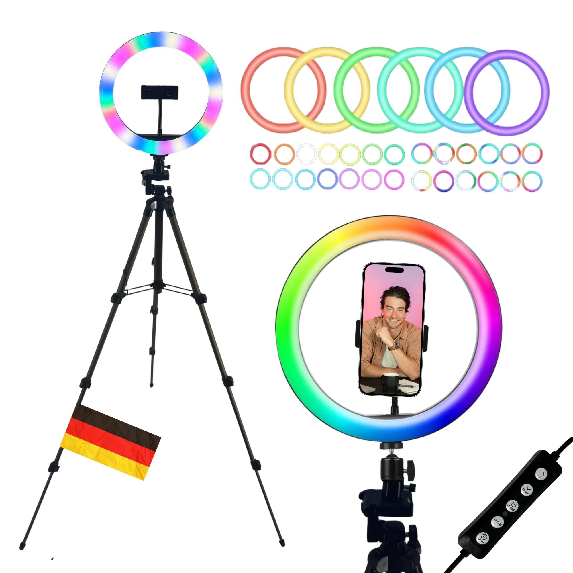 Ringlicht RGB LED mit Premium Smartphone Kamera Stativ mit Lampe Selfie Video Fot