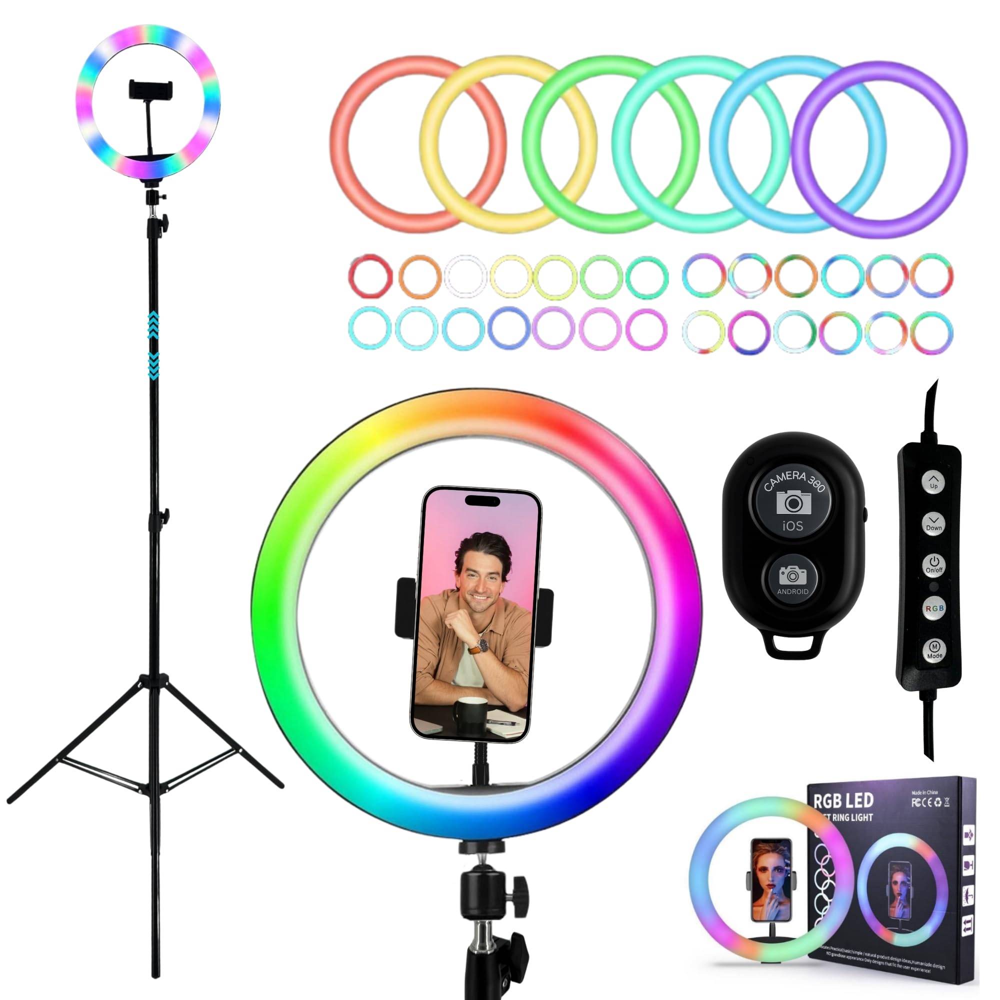 RGB LED Ringlicht mit 210cm Stativ + Selfie Auslöser + Ring Light mit Smartphone Halterung Tripod