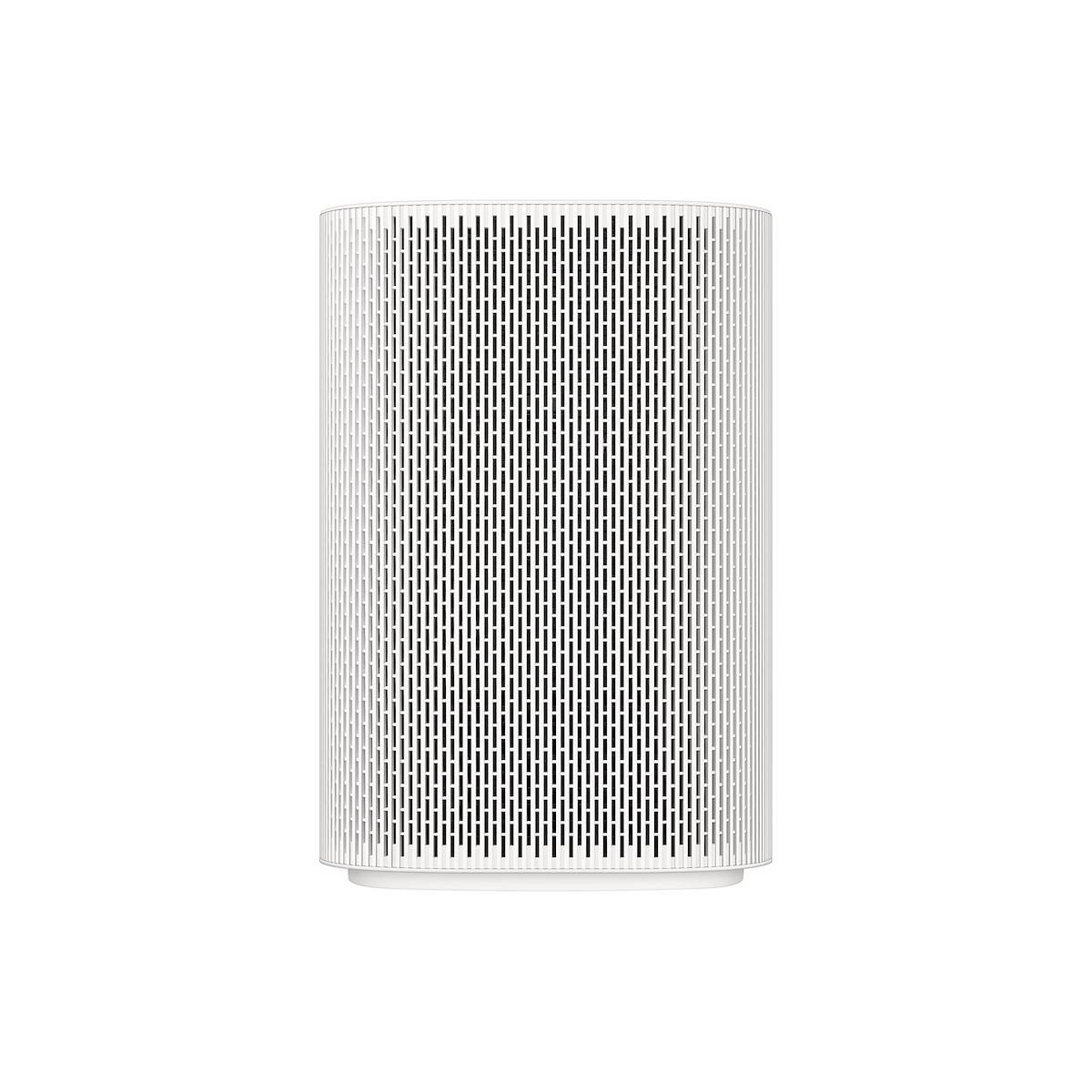 Ein weißer, zylindrischer Luftreiniger mit perforiertem Design auf seiner Oberfläche, das auf Luftstrom hindeutet.