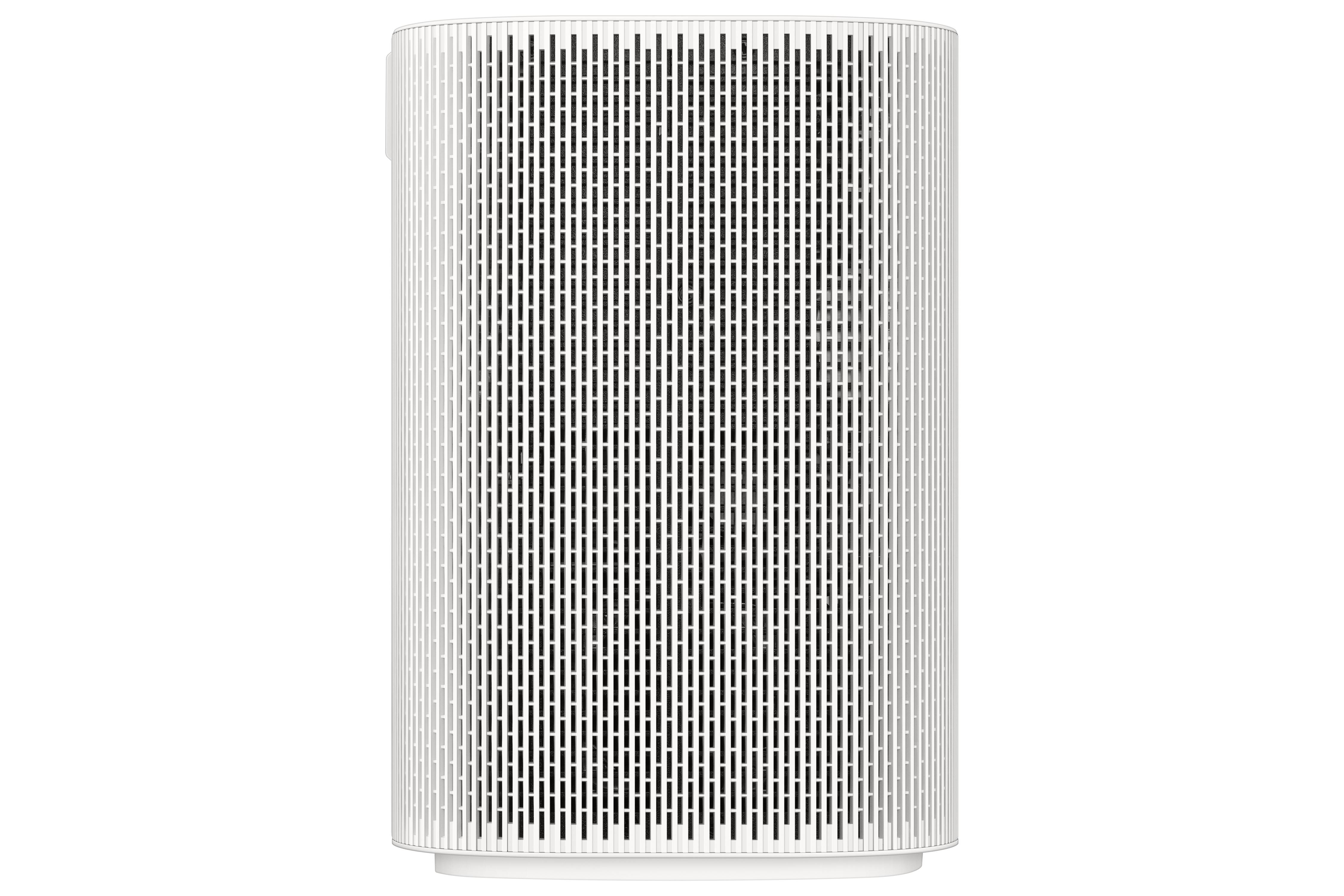 Weißer zylindrischer Lautsprecher mit perforiertem Metallgitter, Vorderansicht auf einfachem Hintergrund gezeigt.