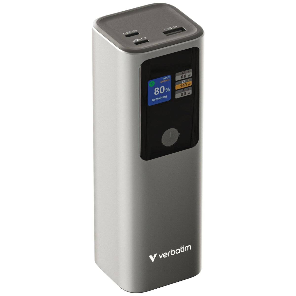 Verbatim Powerbank mit digitalem Display, das 80% verbleibende Batteriekapazität anzeigt, und zwei USB-Anschlüssen zum Aufladen von Geräten.