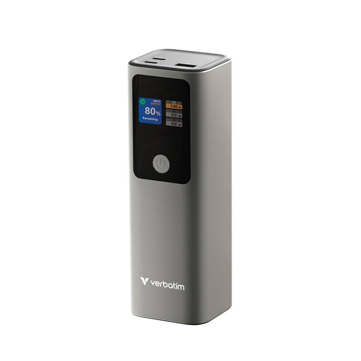 Eine graue Powerbank mit einem LCD-Bildschirm, der „80%