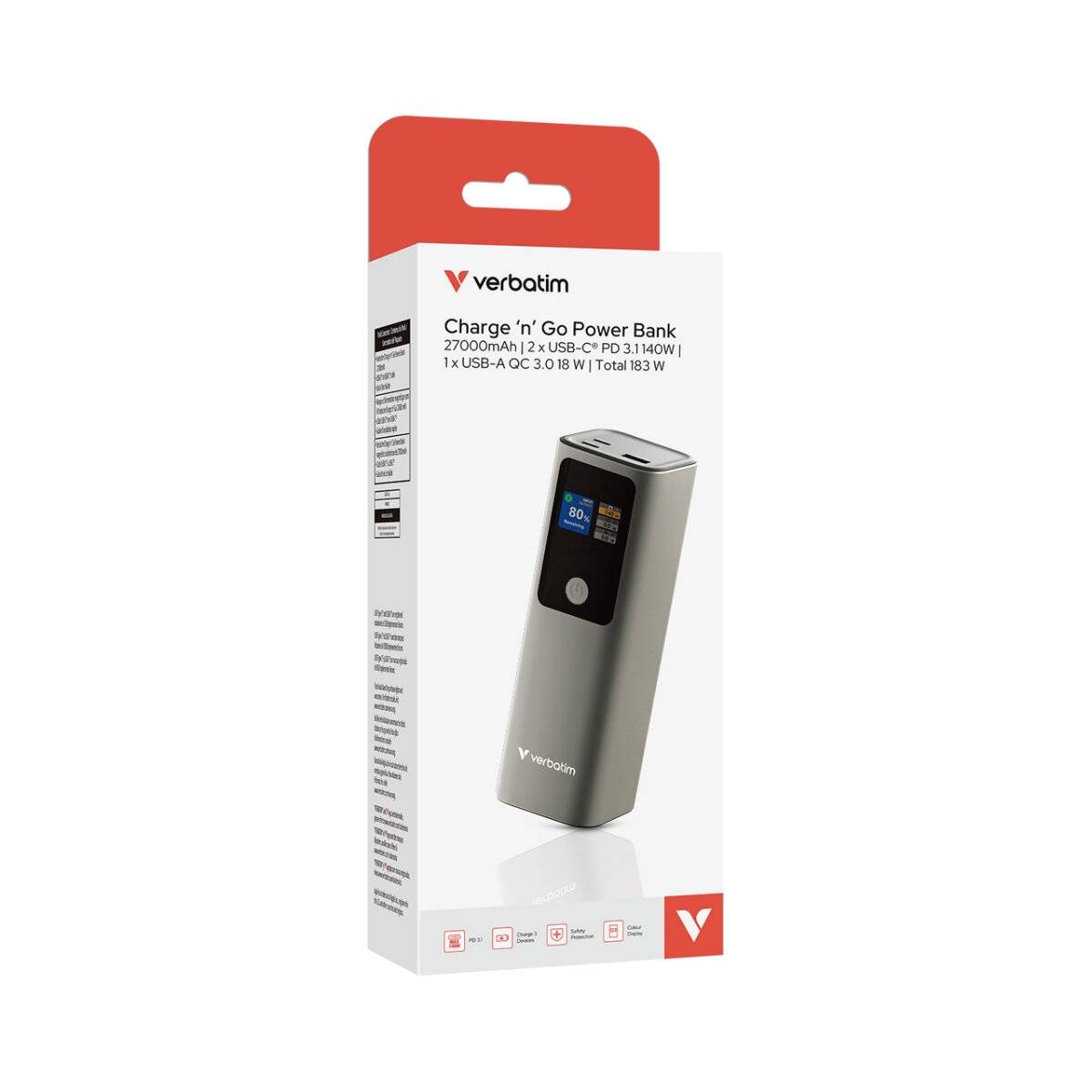 Eine Verbatim Charge 'n' Go Power Bank Verpackung, die eine tragbare Ladestation mit mehreren Ladeanschlüssen und einem digitalen Display zeigt.