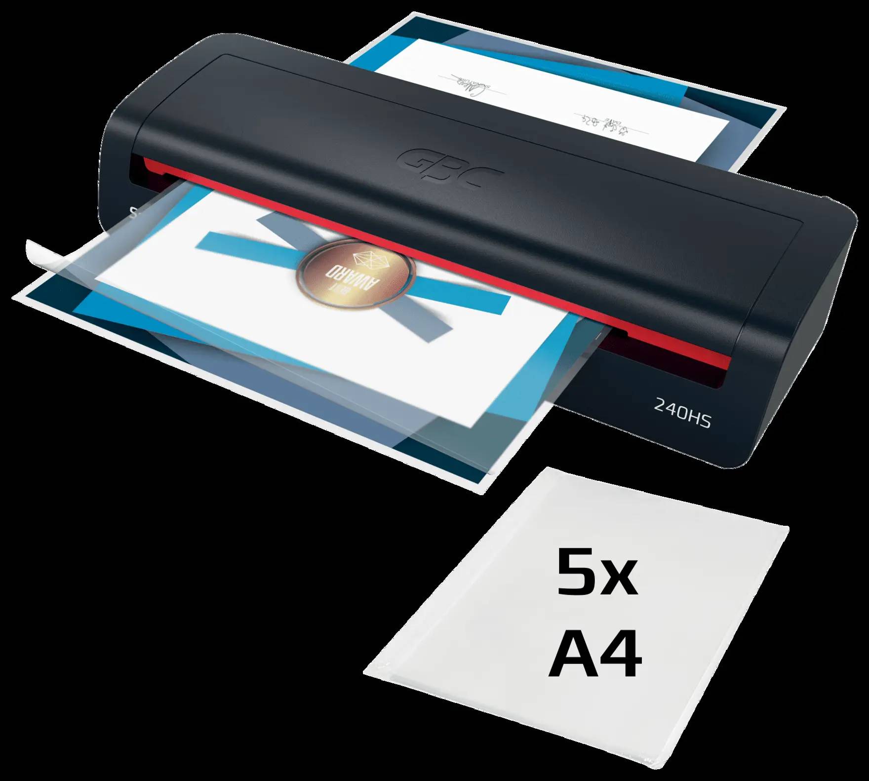 Schwarzer GBC 240HS Laminiergerät mit A4-Blatt; das Etikett besagt „5x A4