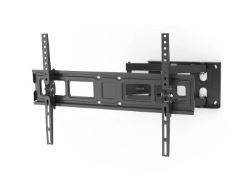 Verstellbare schwarze Wandhalterung für Fernseher mit zwei vertikalen Schienen und ausfahrbarem Armträger zur Halterung eines Flachbildfernsehers.