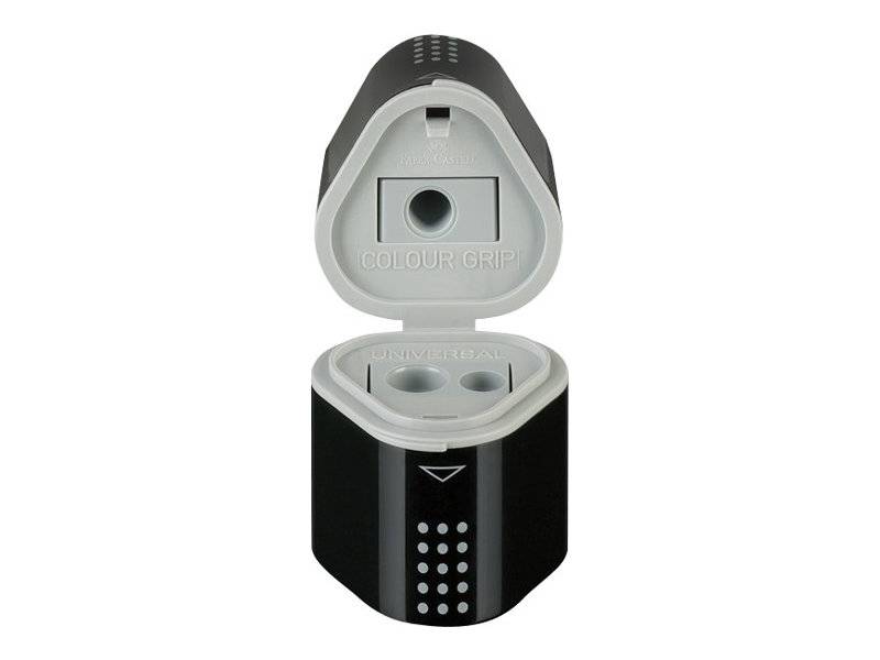 Ein schwarzer und grauer Bleistiftspitzer mit offener Deckelklappe, der zwei Anspitzlöcher mit den Bezeichnungen 