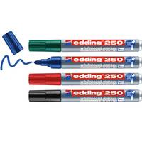 Vier Edding 250 Whiteboard-Marker in Blau, Grün, Rot und Schwarz sind horizontal angeordnet, mit abgenommenen Kappen, die Tintenfarben zeigend.