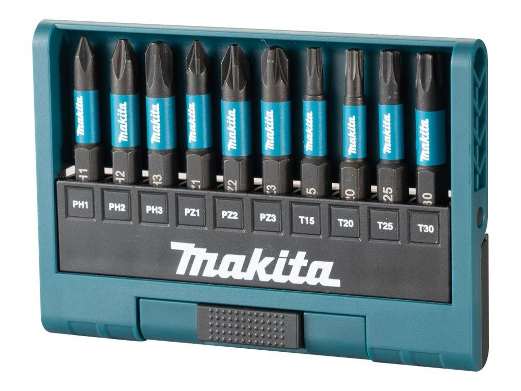 Ein Set von Makita Schraubendreher-Bits in einer Etui, beschriftet mit den Größen PH1, PH2, PH3, PZ1, PZ2, T15, T20, T25, T30, für verschiedene Schraubentypen.