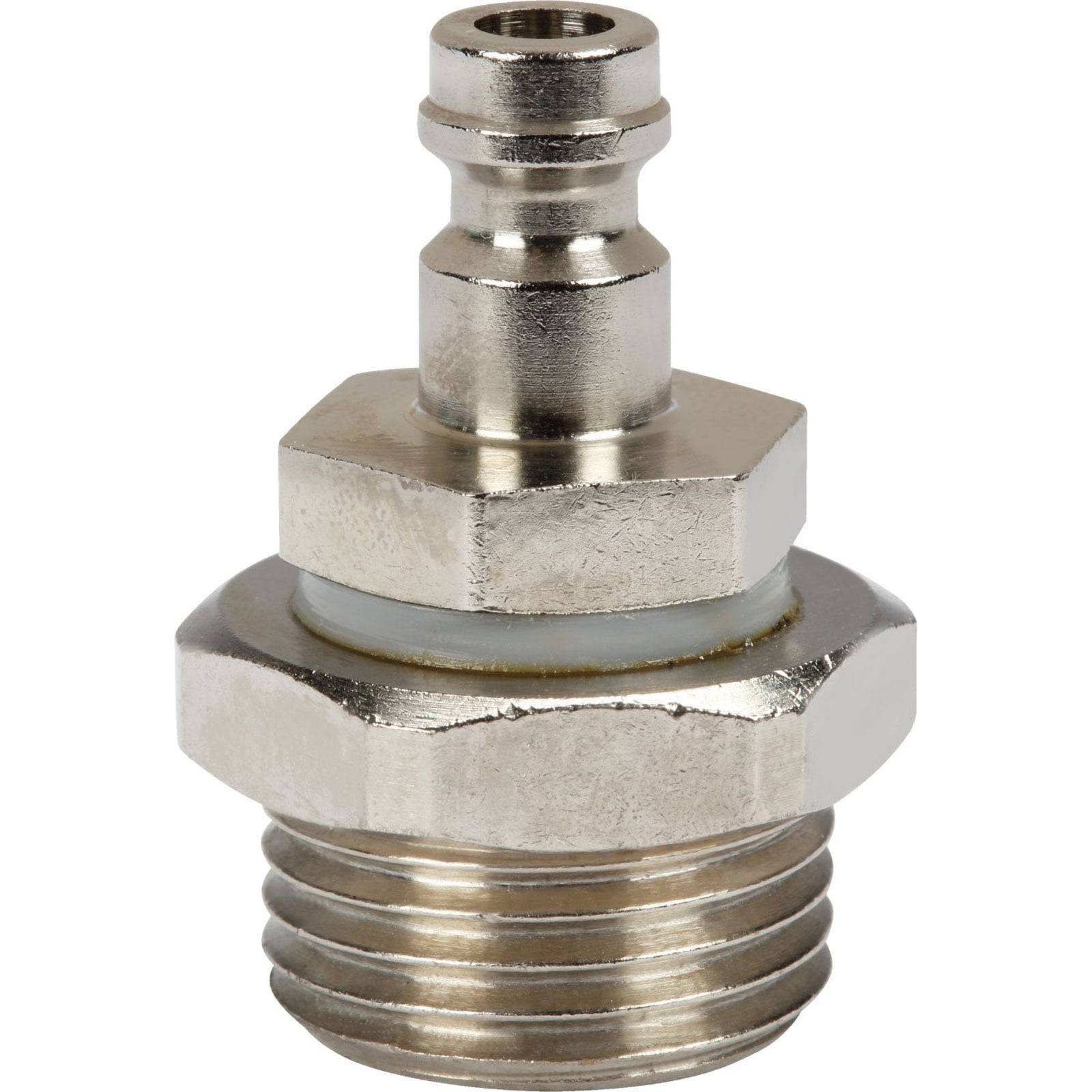 Silbernes Metallbeschlag mit einer Sechskantmutter und gewindeter Endung, verwendet zum Verbinden von Schläuchen oder Rohren.