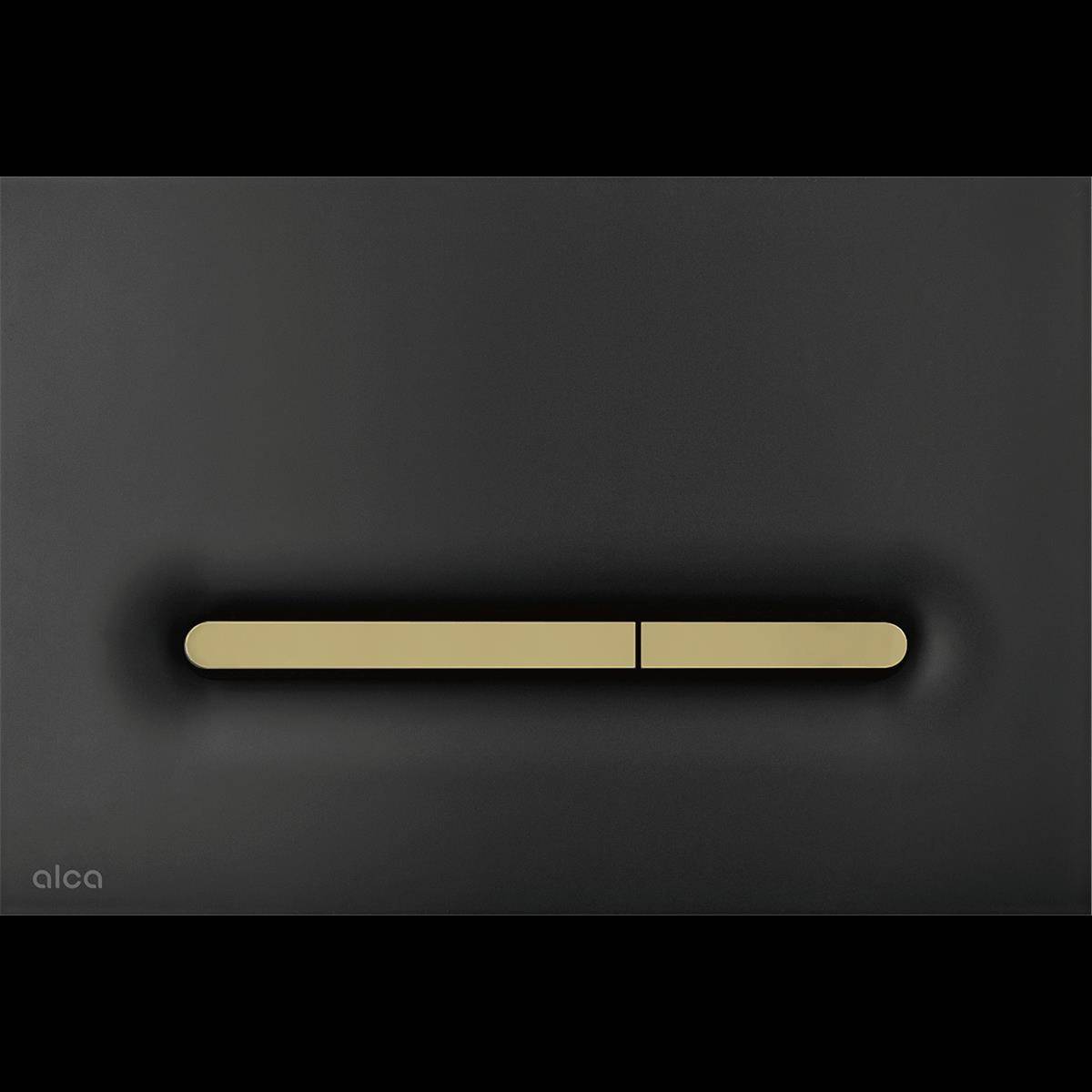 Minimalistische wandmontierte goldene horizontale Leuchte auf dunklem Hintergrund, mit einer kleinen mittigen Fuge und sanftem Glanz.