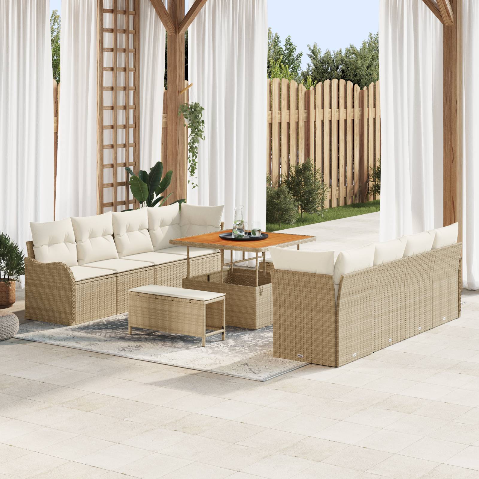 vidaXL 11-tlg. Garten-Sofagarnitur mit Kissen Beige Poly Rattan Akazie