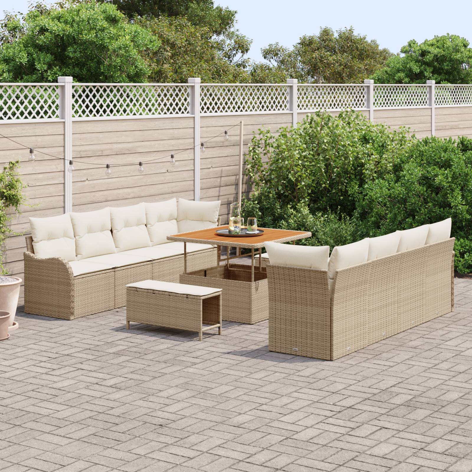 vidaXL 11-tlg. Garten-Sofagarnitur mit Kissen Beige Poly Rattan Akazie