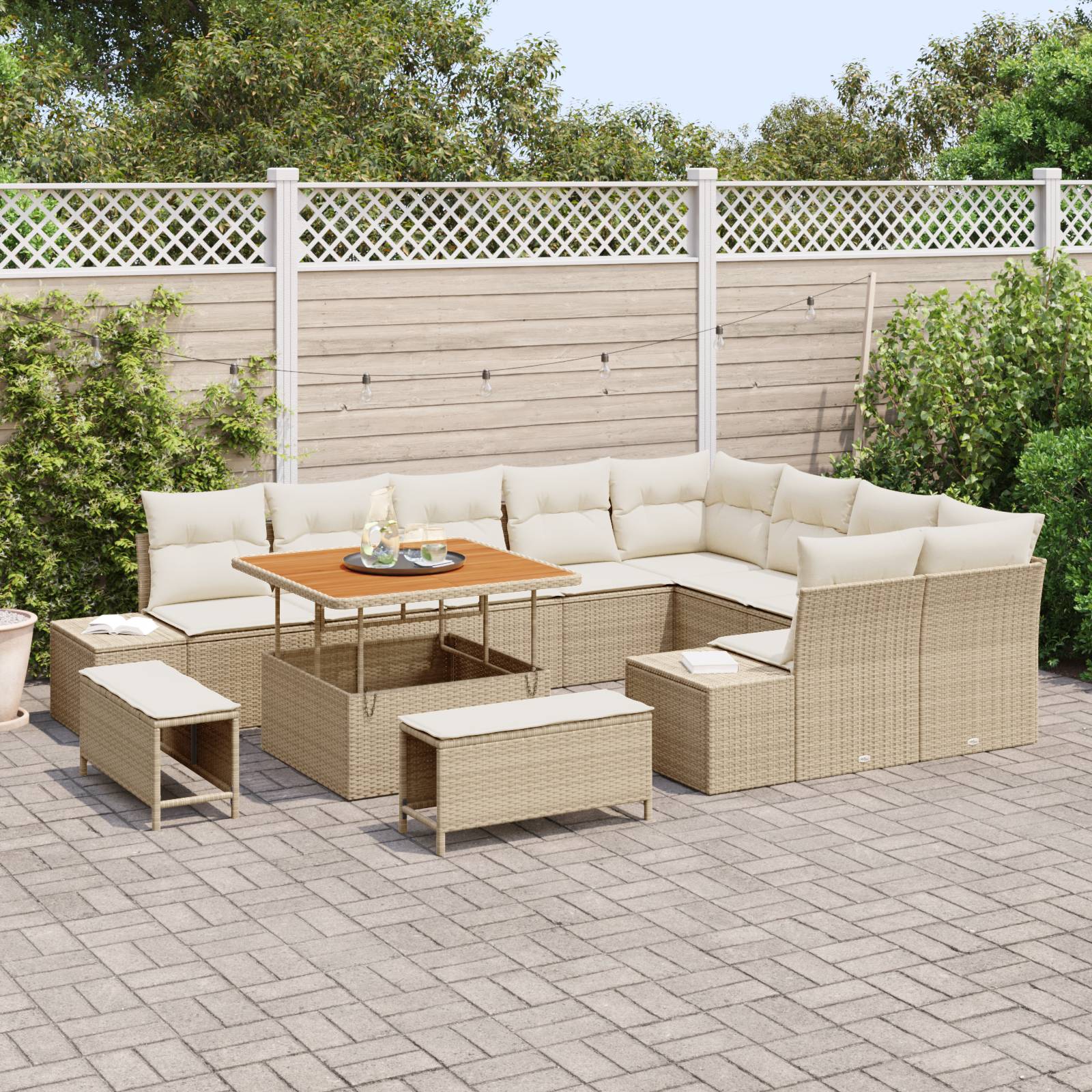 vidaXL 12-teiliges Garten-Sofa-Set mit Kissen in Beige Poly Rattan Akazie