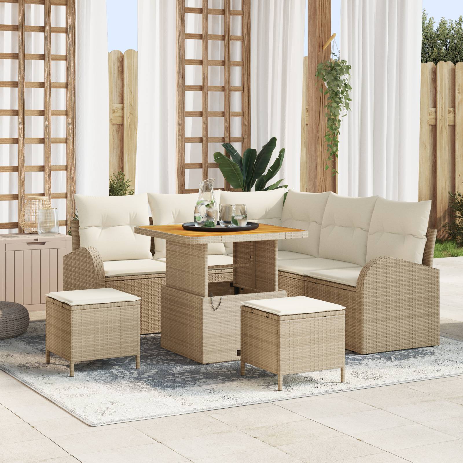 vidaXL 8 teilige Garten Sofa Set mit Kissen Beige Poly Rattan Akazie
