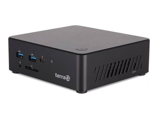 Ein kompakter, schwarzer Mini-PC mit mehreren USB-Anschlüssen, einer Kopfhörerbuchse und einem SD-Kartensteckplatz an der Seite, beschriftet mit „terra