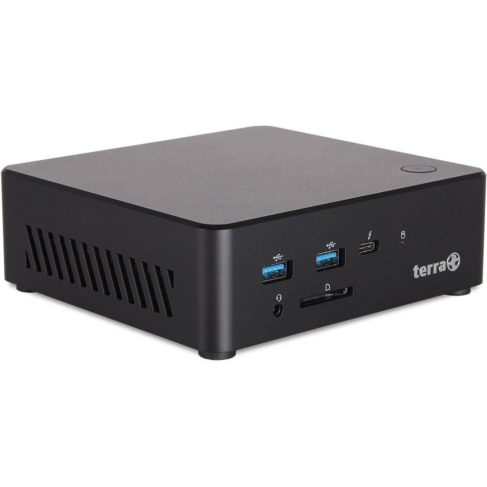 Ein kompakter schwarzer Computer mit Anschlüssen für USB, HDMI und SD-Karte auf dem Frontpanel, versehen mit dem 'terra' Logo.