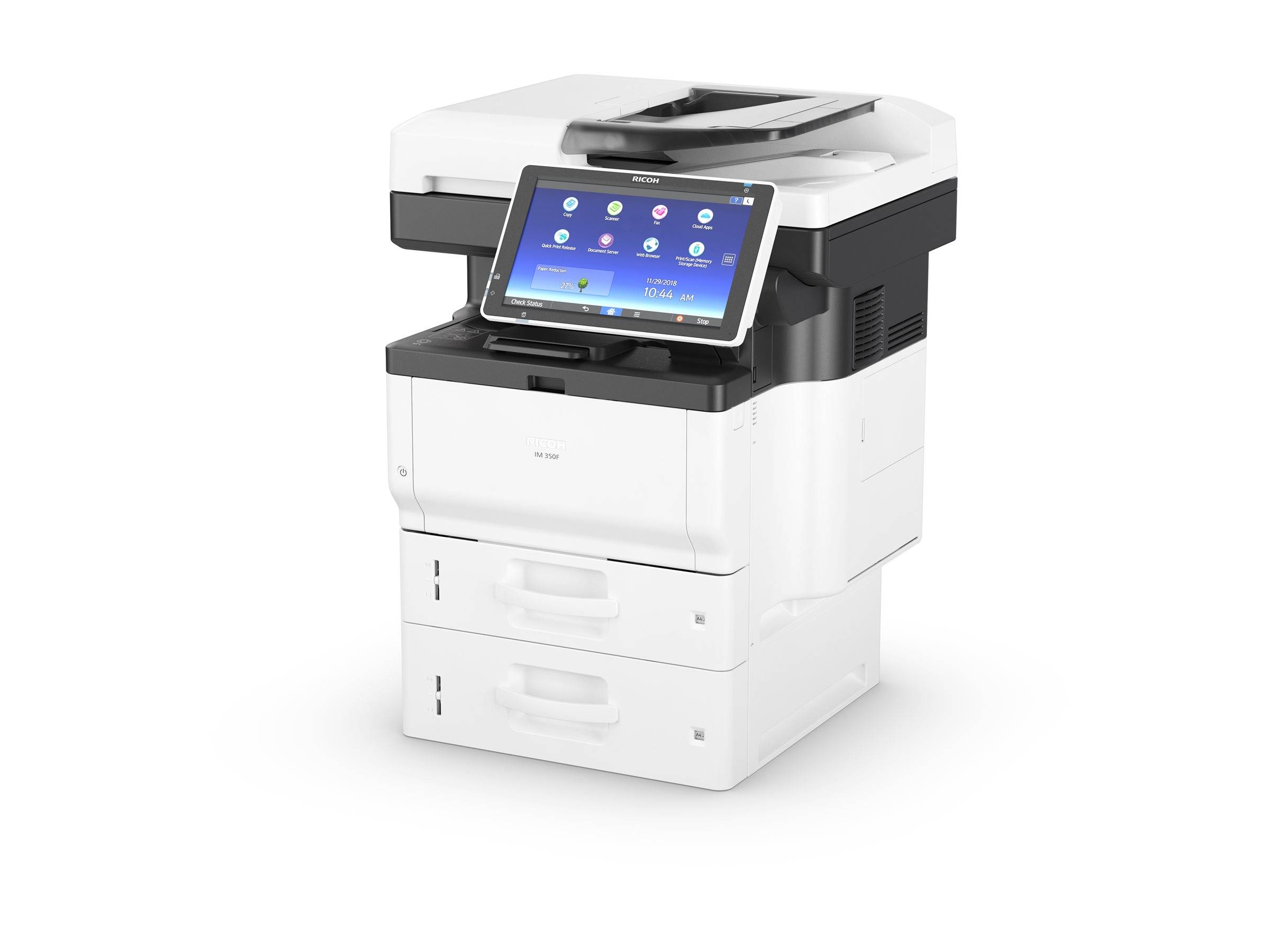 Frontansicht eines Ricoh-Multifunktionskopierers mit Druckerfunktion, Touchscreen-Bedienfeld und zwei Papierschächten auf weißem Hintergrund
