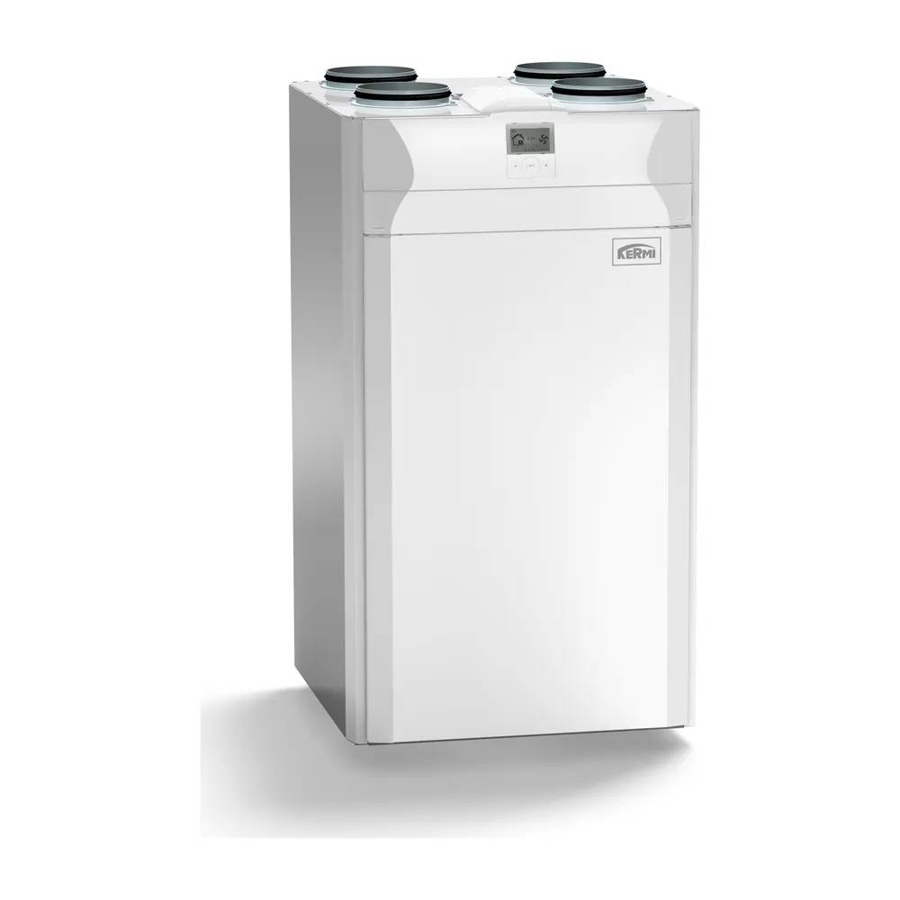 Weiße rechteckige HVAC-Luftbehandlungsanlage mit vier kreisförmigen Oberflächenöffnungen und kleinem frontalem Display, shown on a plain background.