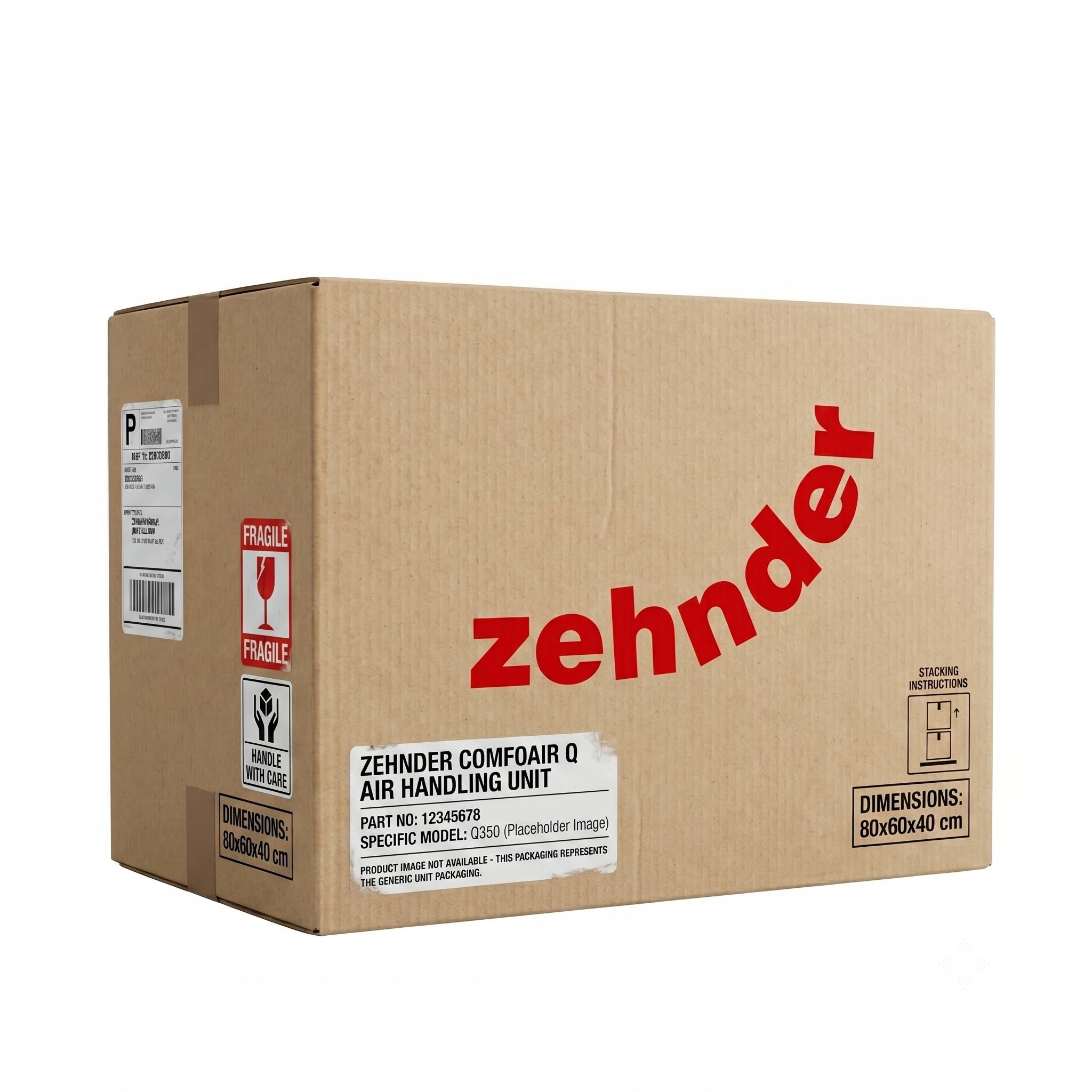 Pappe-Versandkarton mit der Aufschrift 'zehnder' und 'LUFTBEHANDLUNGSGERÄT' sowie Handhabungswarnungen, in Dreiviertelperspektive gezeigt.