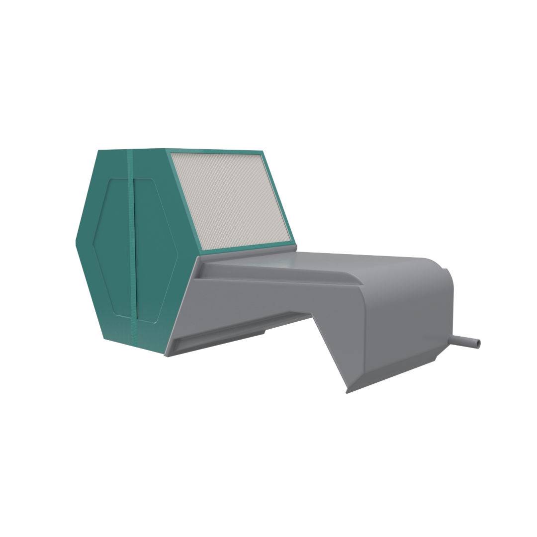 3D-Rendering eines blaugrünen und grauen mechanischen Geräts oder einer Maschinenkomponente mit einem geneigten Gehäuse und einer vorstehenden Düse auf weißem Hintergrund.