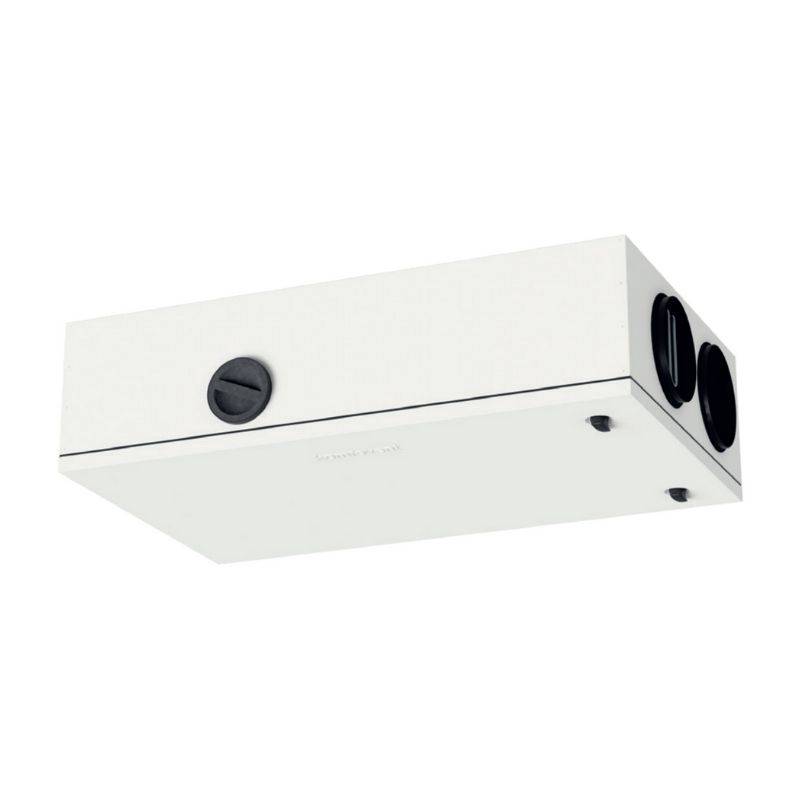 Weiße, rechteckige, an der Wand montierte elektrische Verteilerdose mit kreisförmigen Kabelanschlüssen an der Seite und Vorderseite.