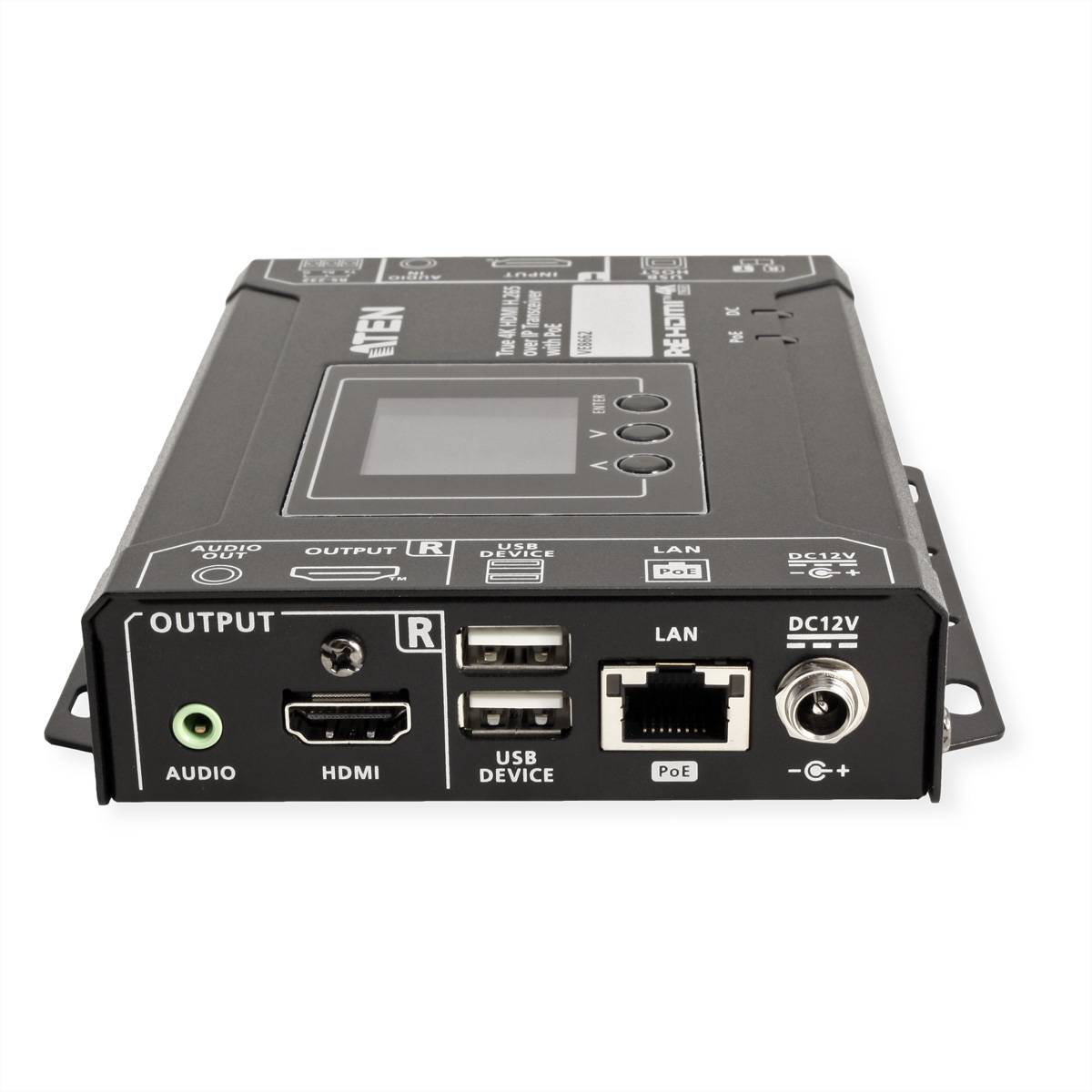 Ein schwarzes elektronisches Gerät mit Anschlüssen für Audio, HDMI, USB, LAN und Stromversorgung. Die Frontplatte zeigt Tasten und einen kleinen Anzeigebildschirm.