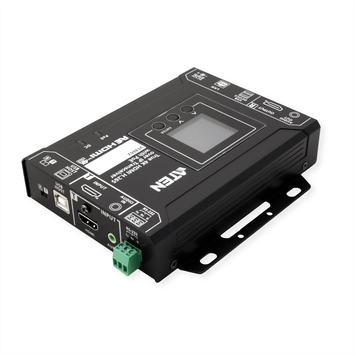 Ein schwarzes elektronisches Gerät mit einem digitalen Display, Ein- und Ausgabeanschlüssen und gekennzeichneten Tasten. Es scheint sich um ein Bedienfeld oder ein Schnittstellenmodul zu handeln.