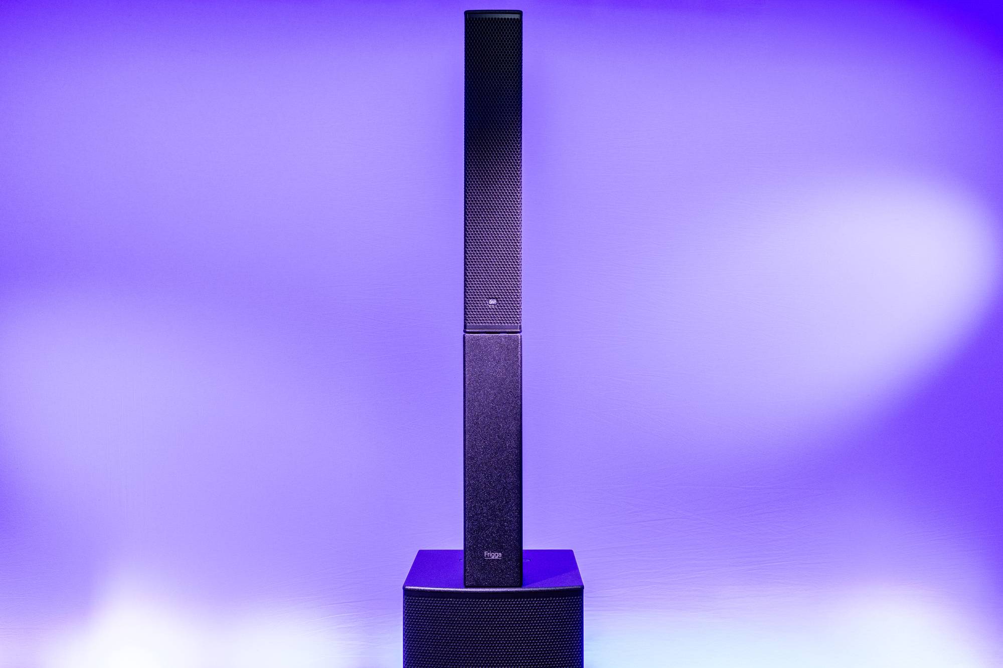 Ein hoher, moderner Lautsprecher auf einem violetten Verlaufshintergrund, mit einer schlanken vertikalen Konstruktion und einer strukturierten Oberfläche.