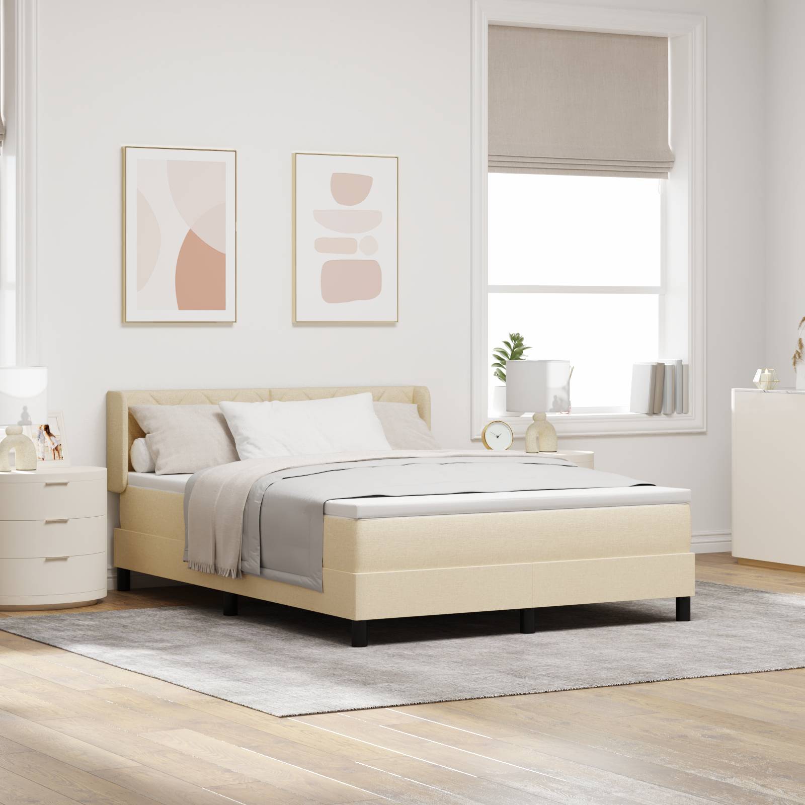 vidaXL Boxspringbett mit Matratze in Creme, 160 x 200 cm - Stoff.