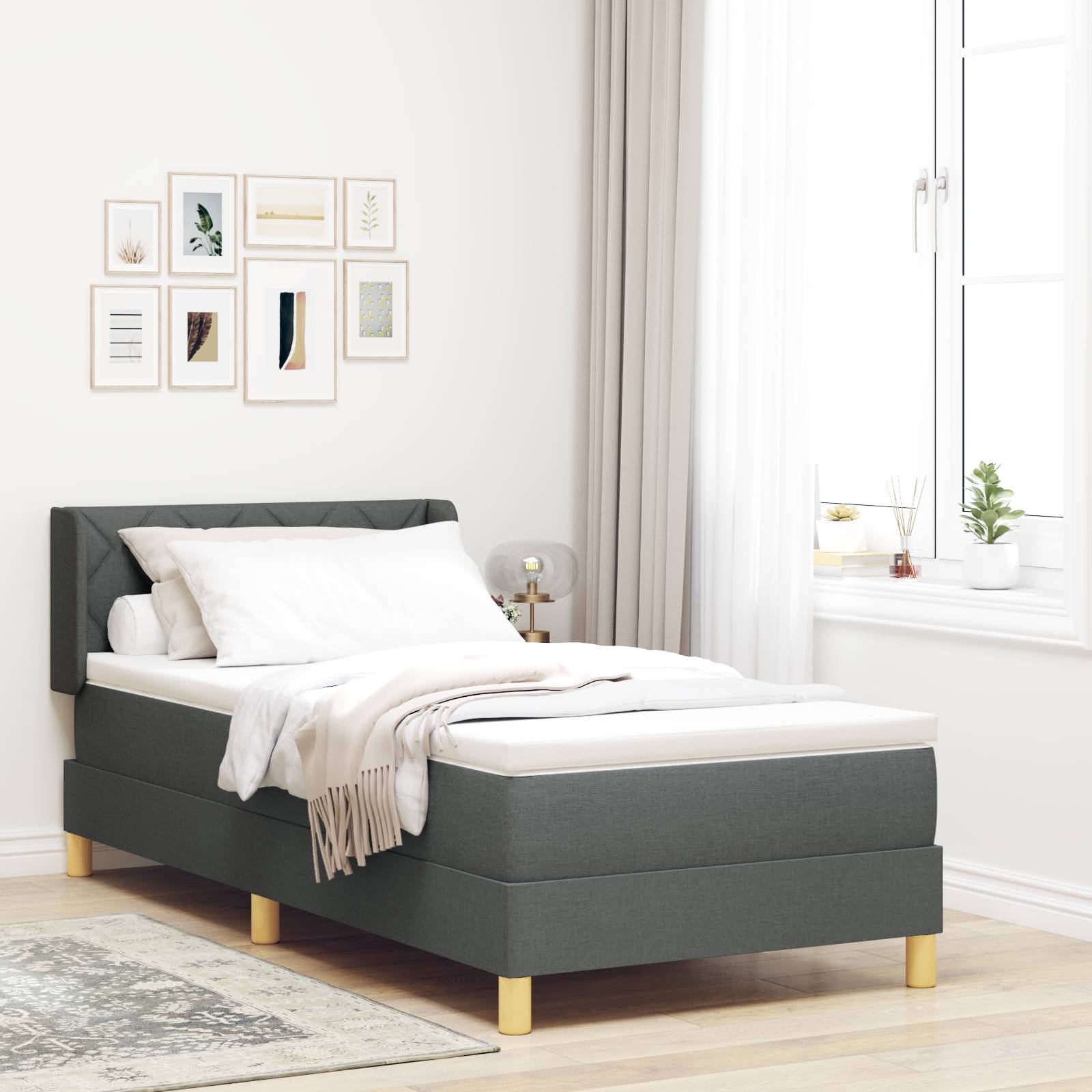 VidaXL Boxspringbett mit Matratze in Dunkelgrau, 90 x 200 cm, aus Stoff