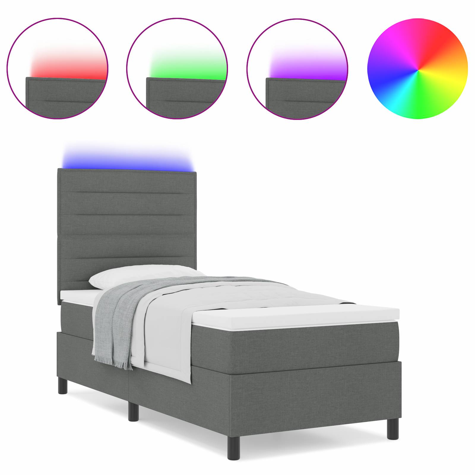 vidaXL Boxspringbett mit Matratze und LED in Dunkelgrau, 90 x 190 cm Stoff