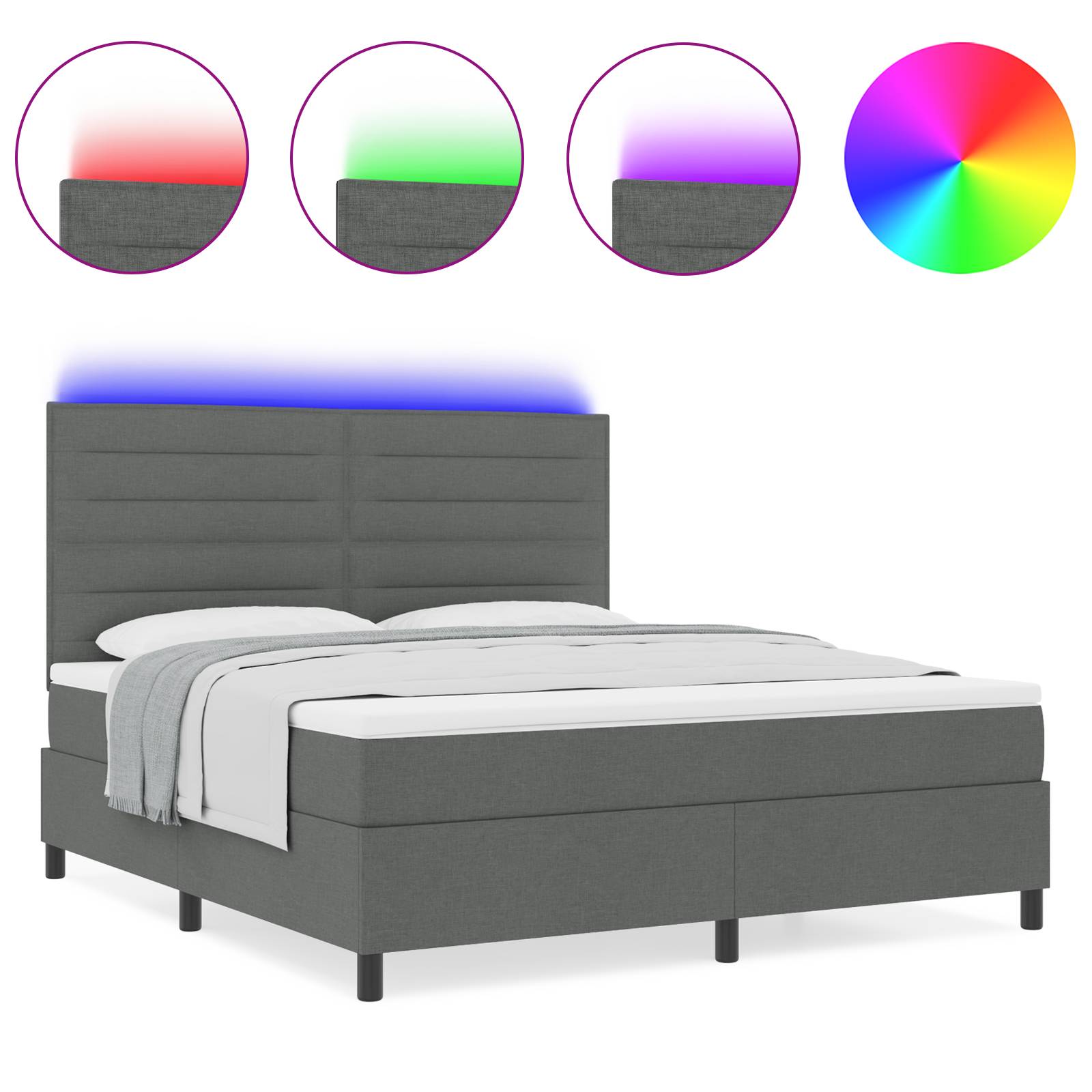 vidaXL Boxspringbett mit Matratze & LED in Dunkelgrau, 160 x 200 cm Stoff