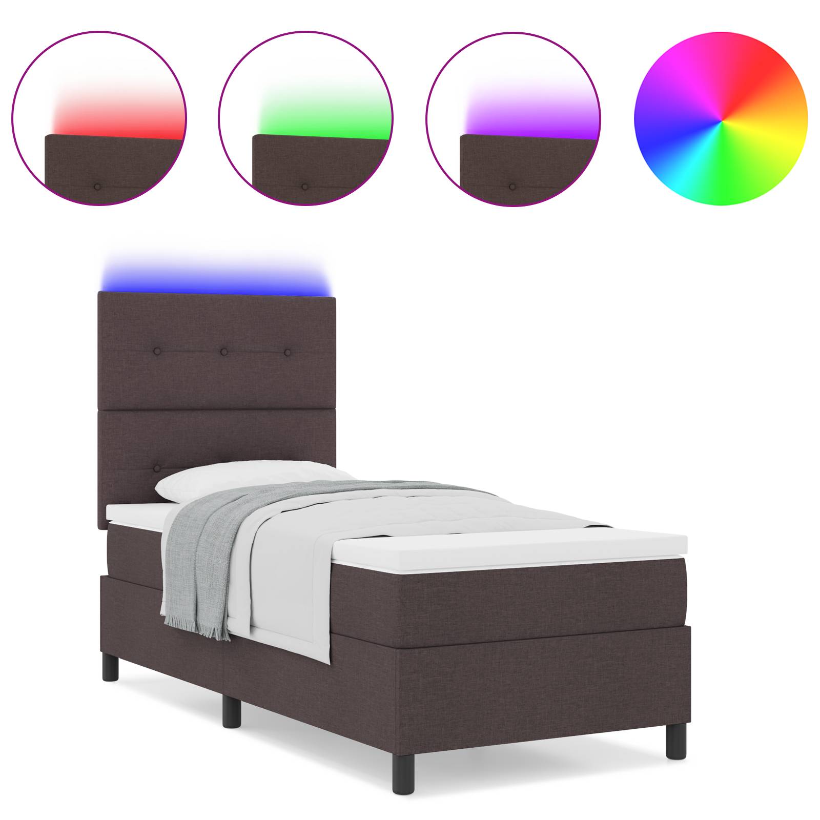 vidaXL Boxspringbett mit Matratze & LED - Dunkelbraun, 90 x 200 cm, Stoff