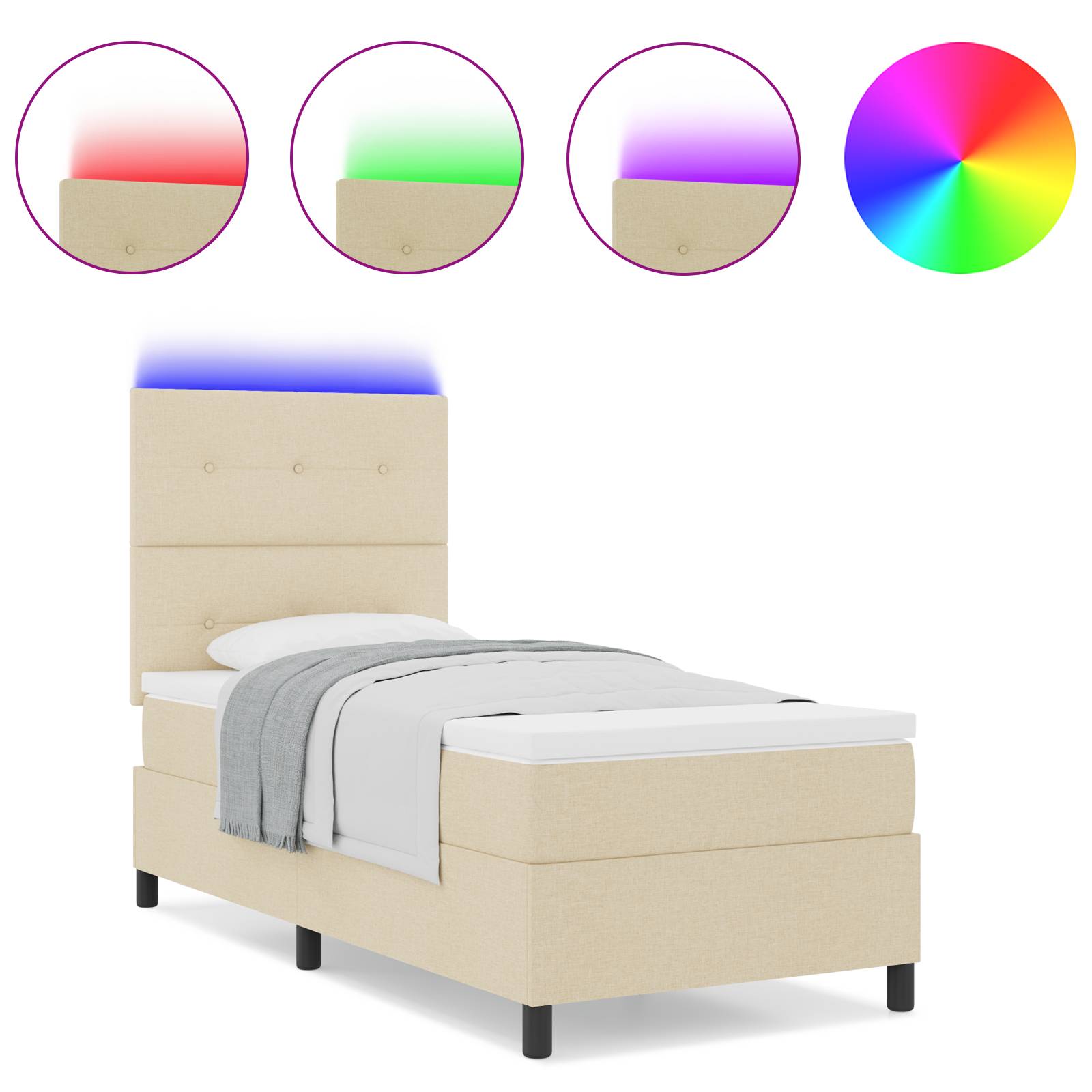 vidaXL Boxspringbett mit Matratze &amp; LED in Creme, 90 x 190 cm, Stoff