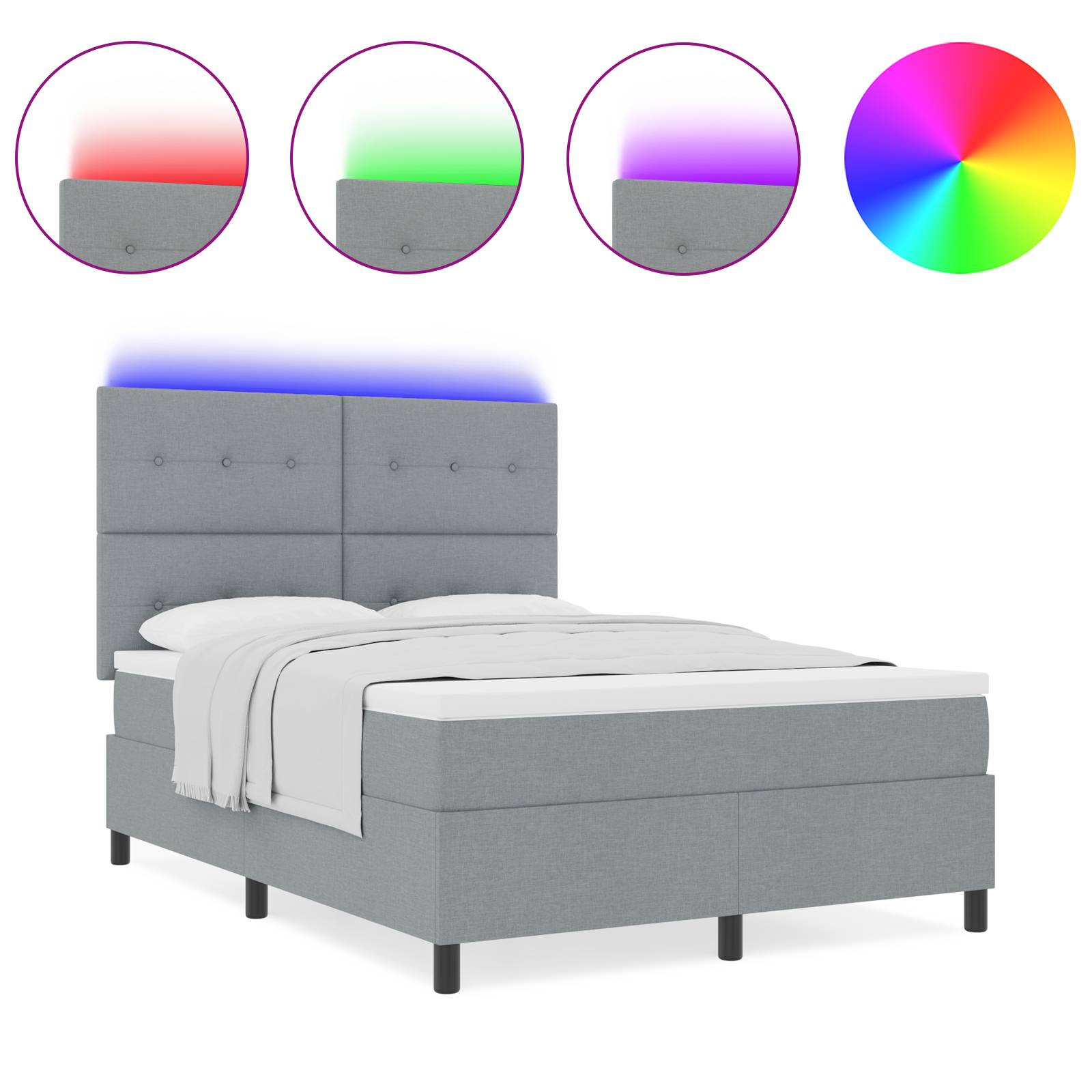 vidaXL Boxspringbett mit Matratze & LED-Licht, Grau, 140 x 190 cm, Stoff