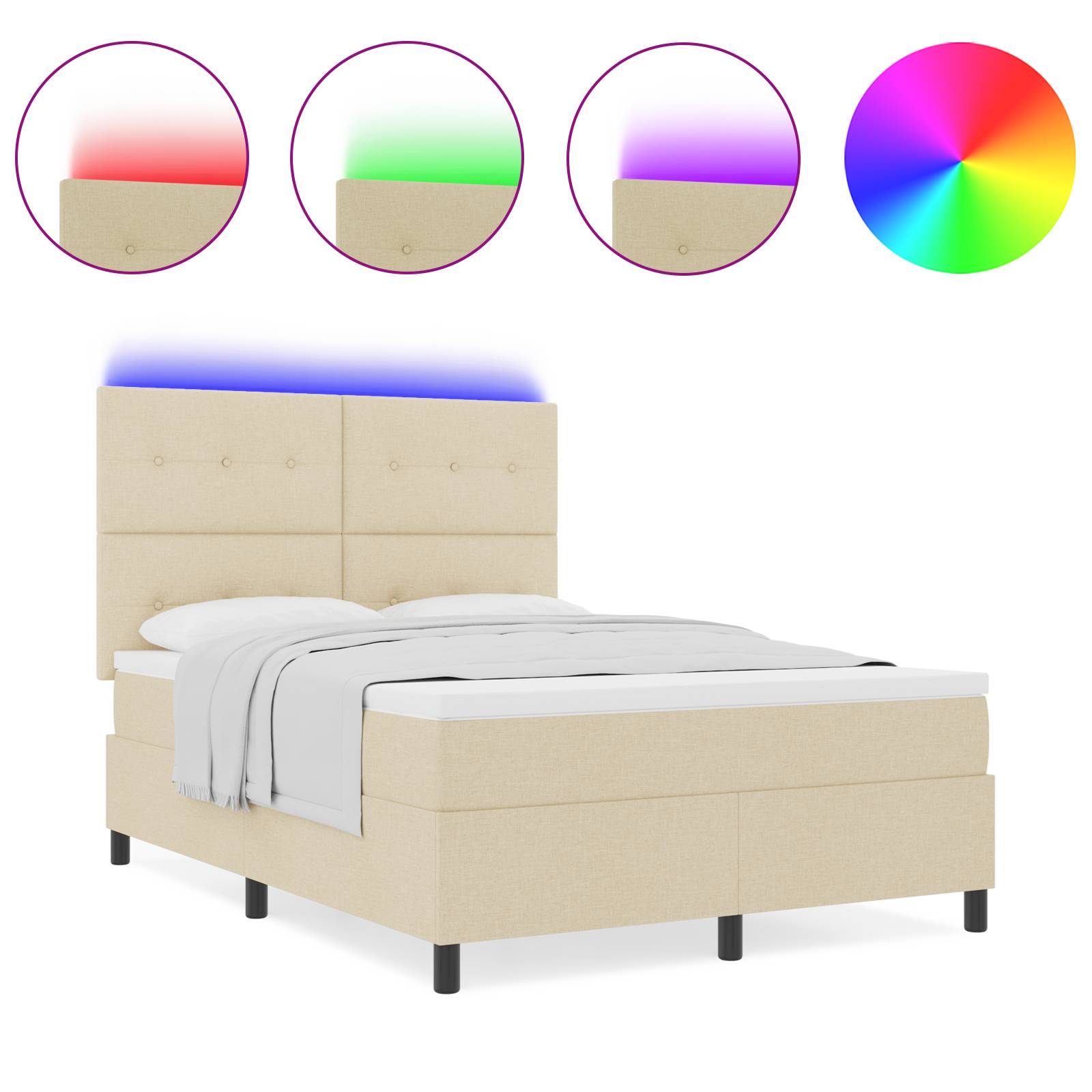 vidaXL Boxspringbett mit Matratze und LED-Licht in Creme, 140 x 190 cm Stoff.