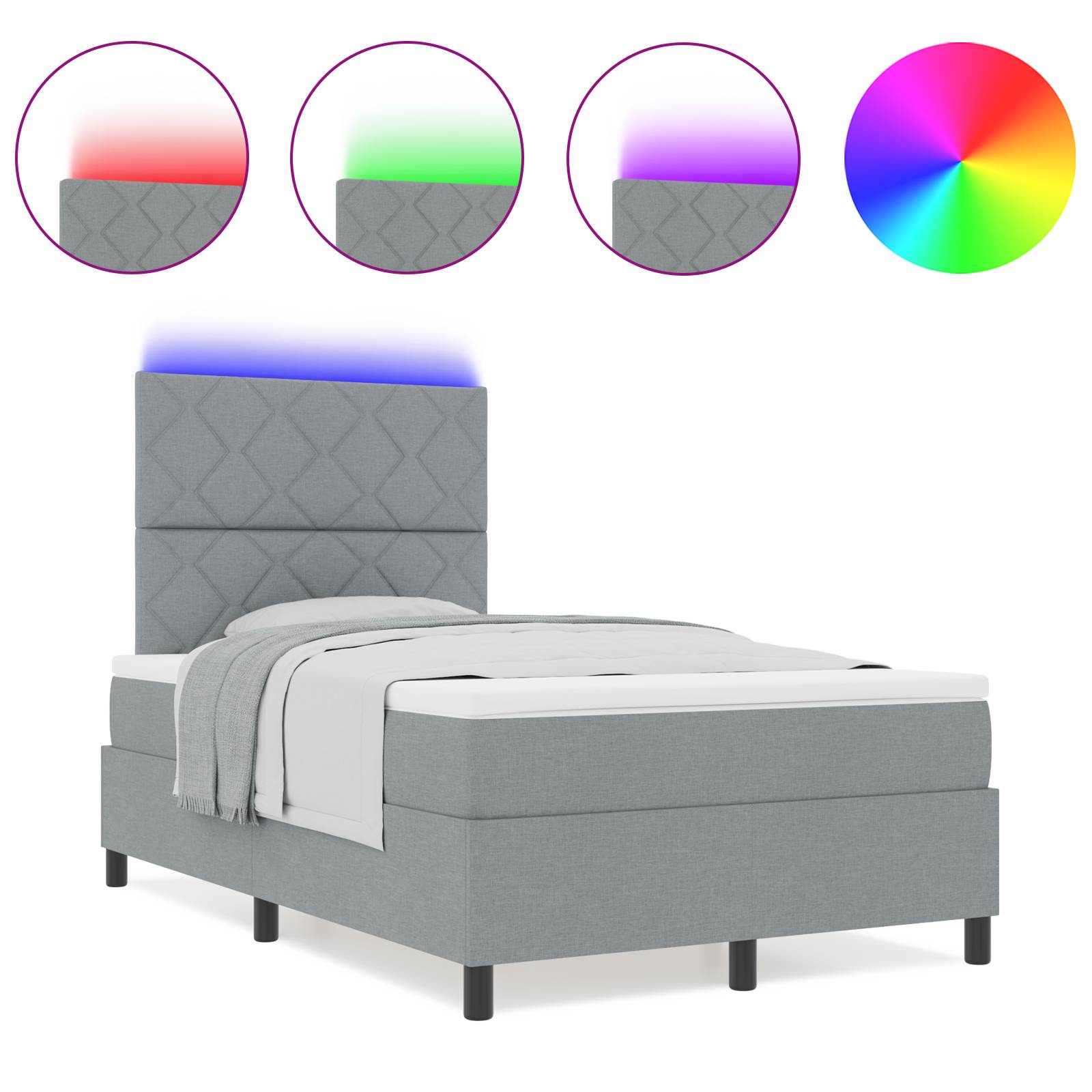 vidaXL Boxspringbett mit Matratze und LED-Licht in Hellgrau, 120 x 200 cm.
