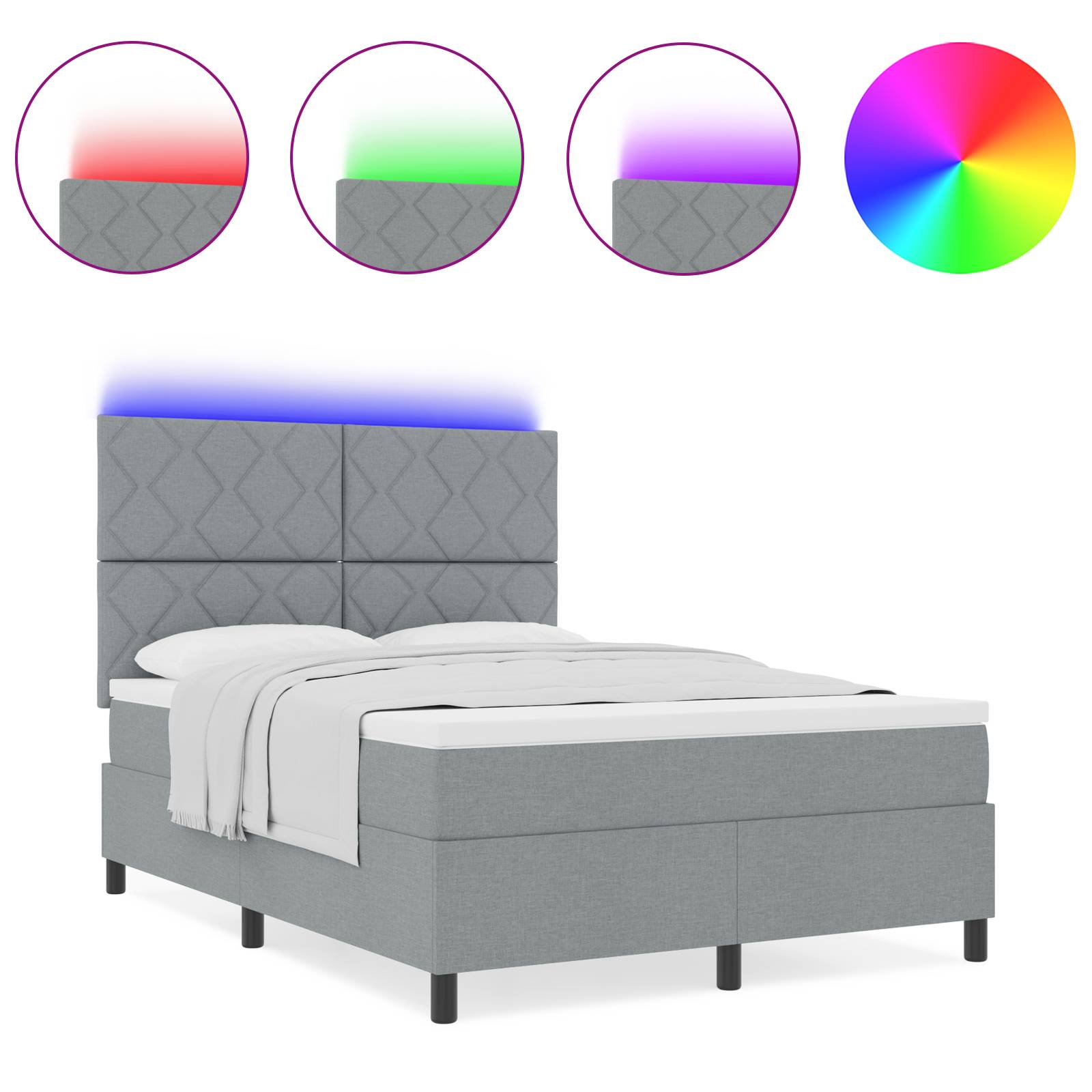 vidaXL Boxspringbett mit Matratze und LED-Licht - Hellgrau, 140 x 190 cm, Stoff