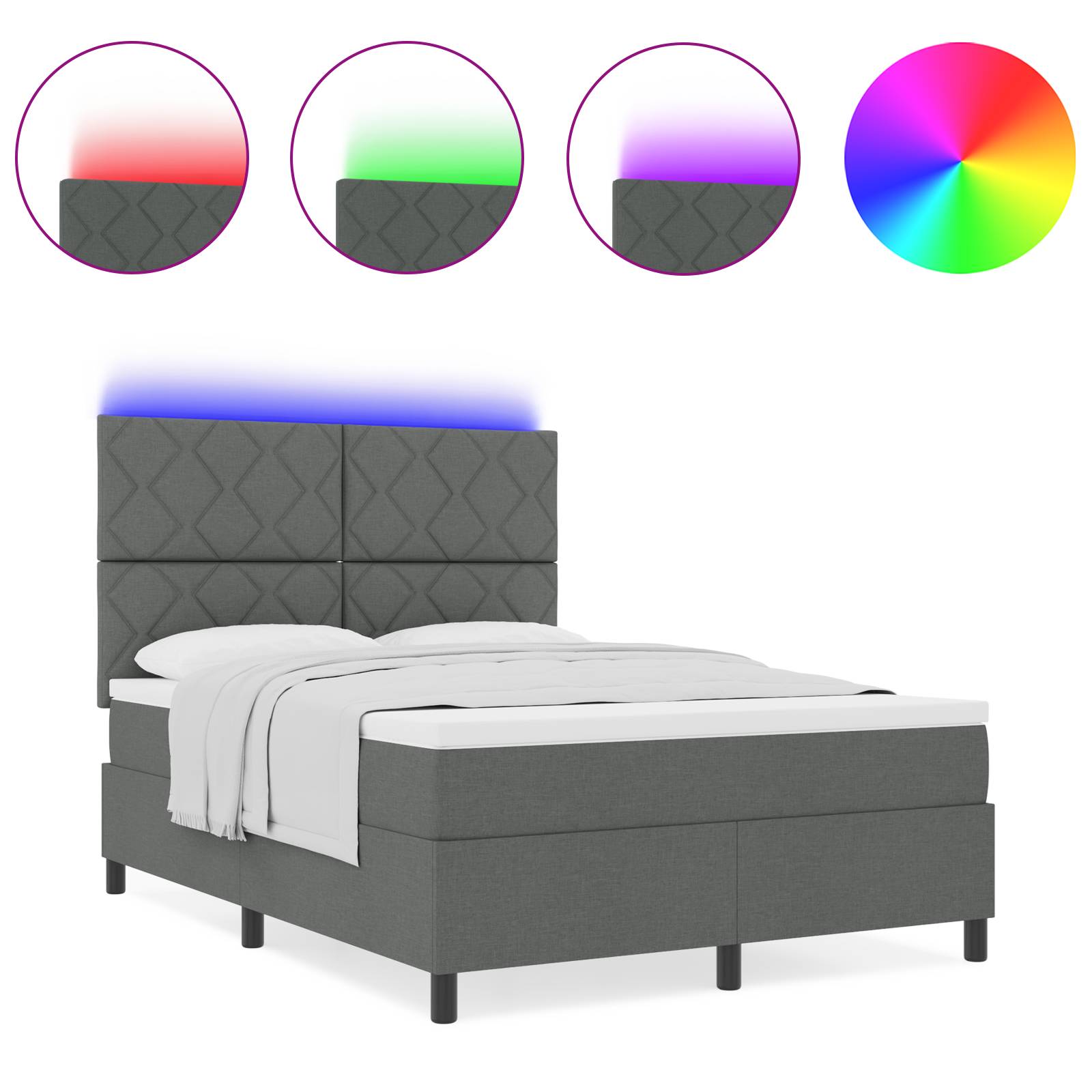 vidaXL Boxspringbett mit Matratze & LED in Dunkelgrau, 160 x 200 cm, Stoff