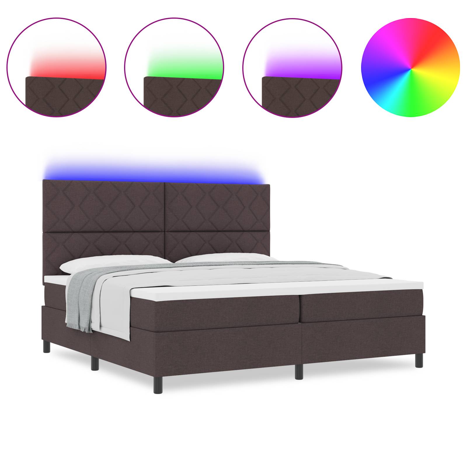 vidaXL Boxspringbett mit Matratze & LED in Dunkelbraun, 200 x 200 cm, Stoff