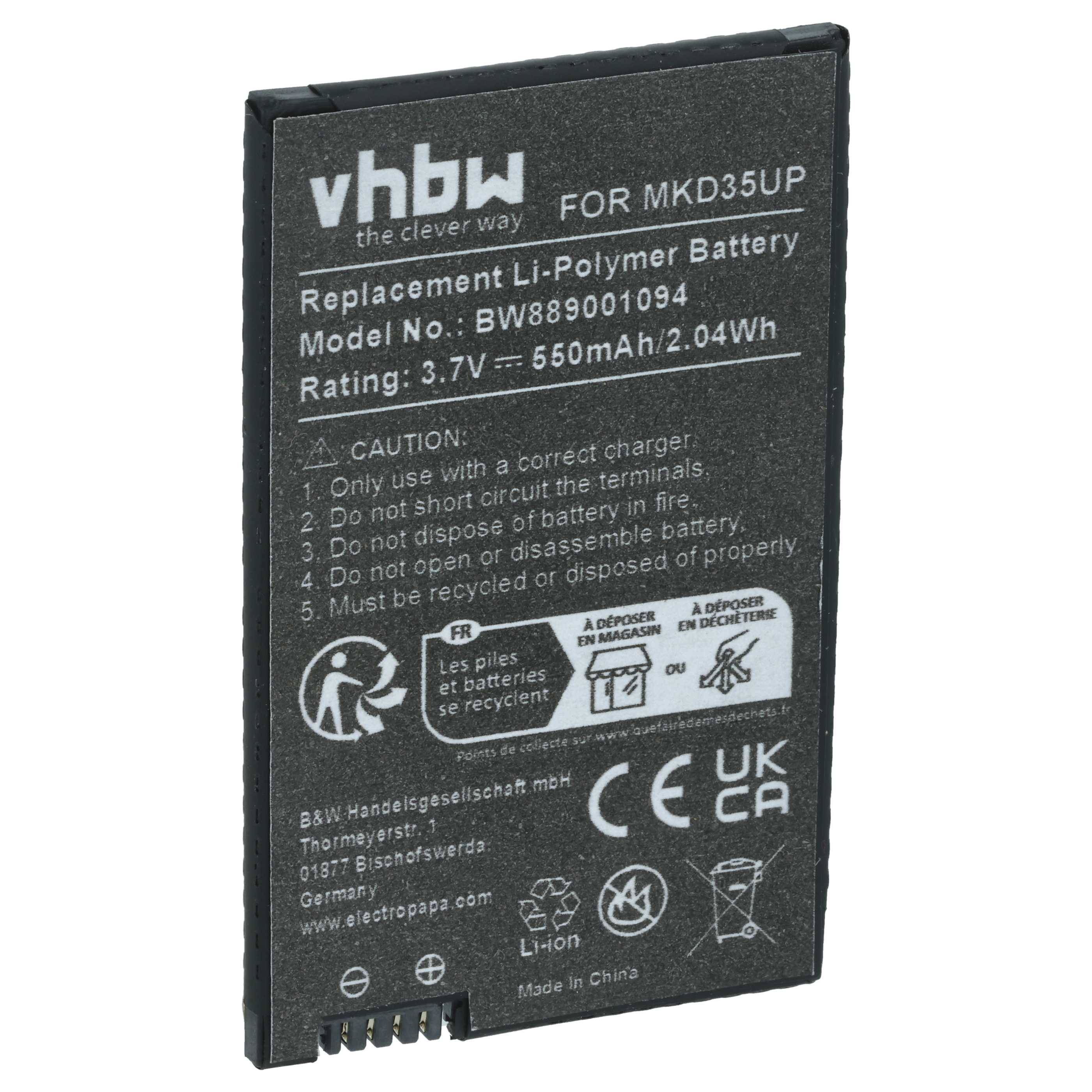 Ersatzbatterie mit Modellnummer BW88901094, bewertet mit 3,7V-550mAh. Warnhinweise umfassen die Verwendung des korrekten Ladegeräts und das Vermeiden von Kurzschlüssen.