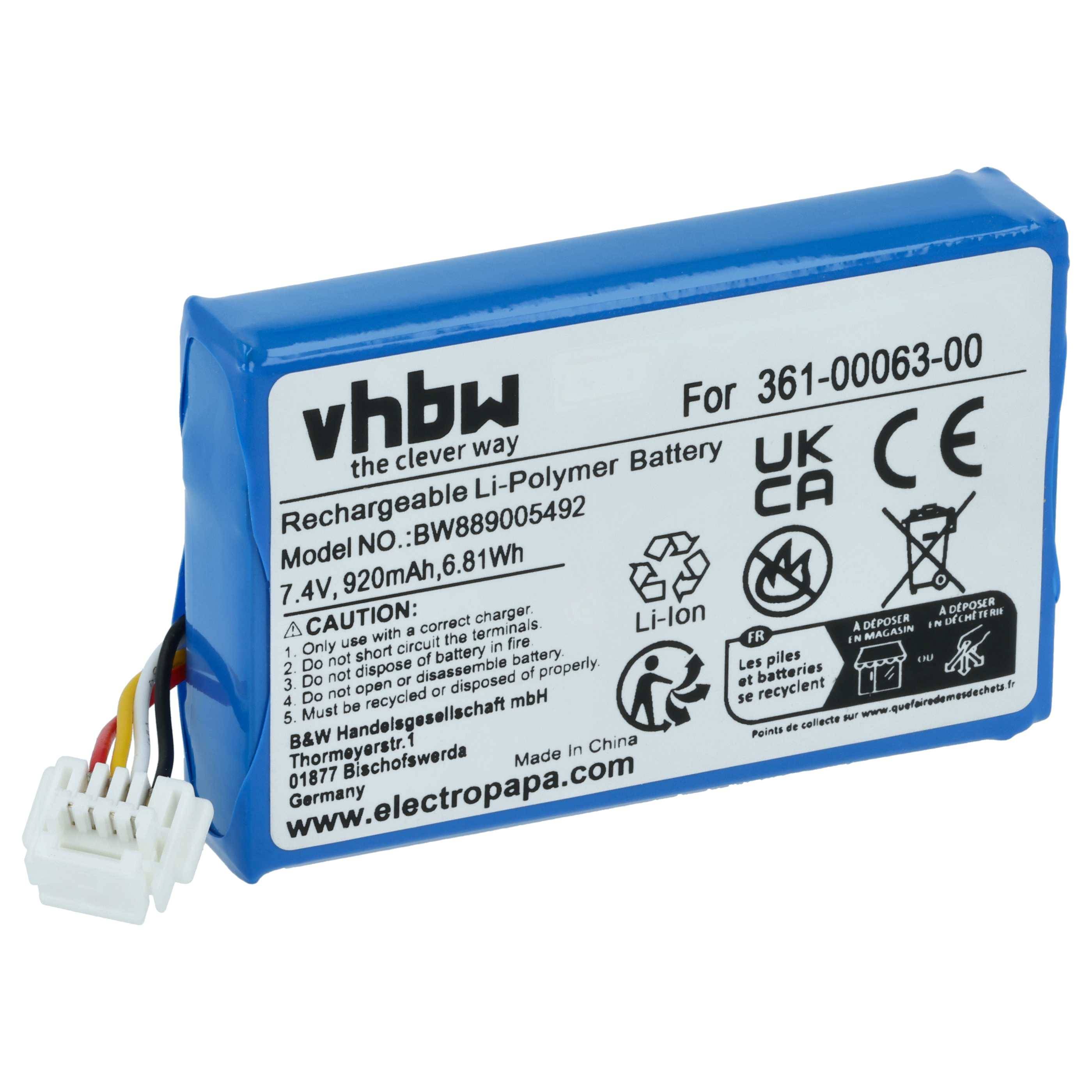 Wiederaufladbare Li-Polymer-Batterie von vhbw, Modell BW889005492, 7,4V, 920mAh, 6,81Wh. Enthält Sicherheitssymbole und Herstellerinformationen.
