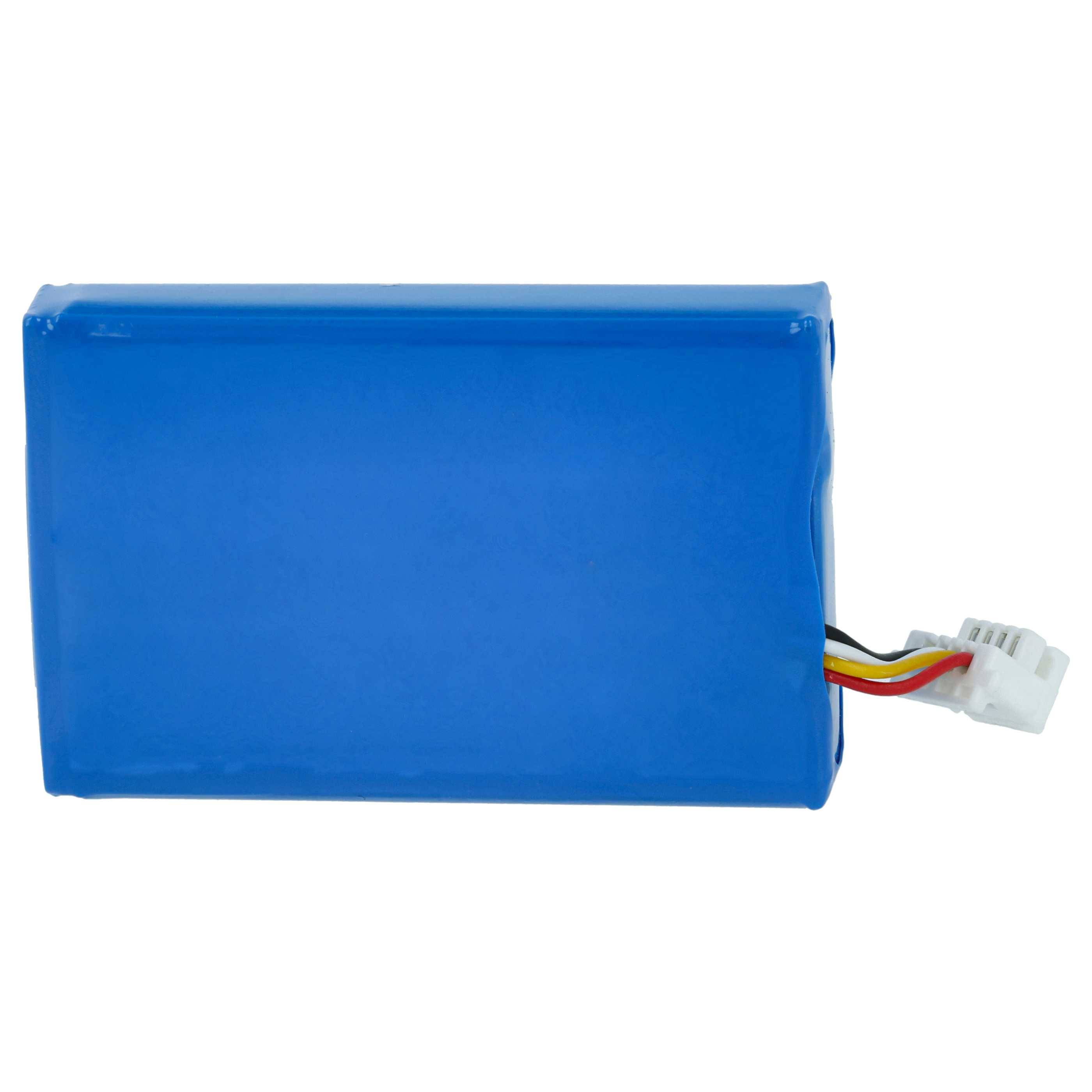 Ein blauer rechteckiger Akkupack mit Kabeln und einem weißen Anschluss an der Seite, der für die Stromversorgung in elektronischen Geräten verwendet wird.