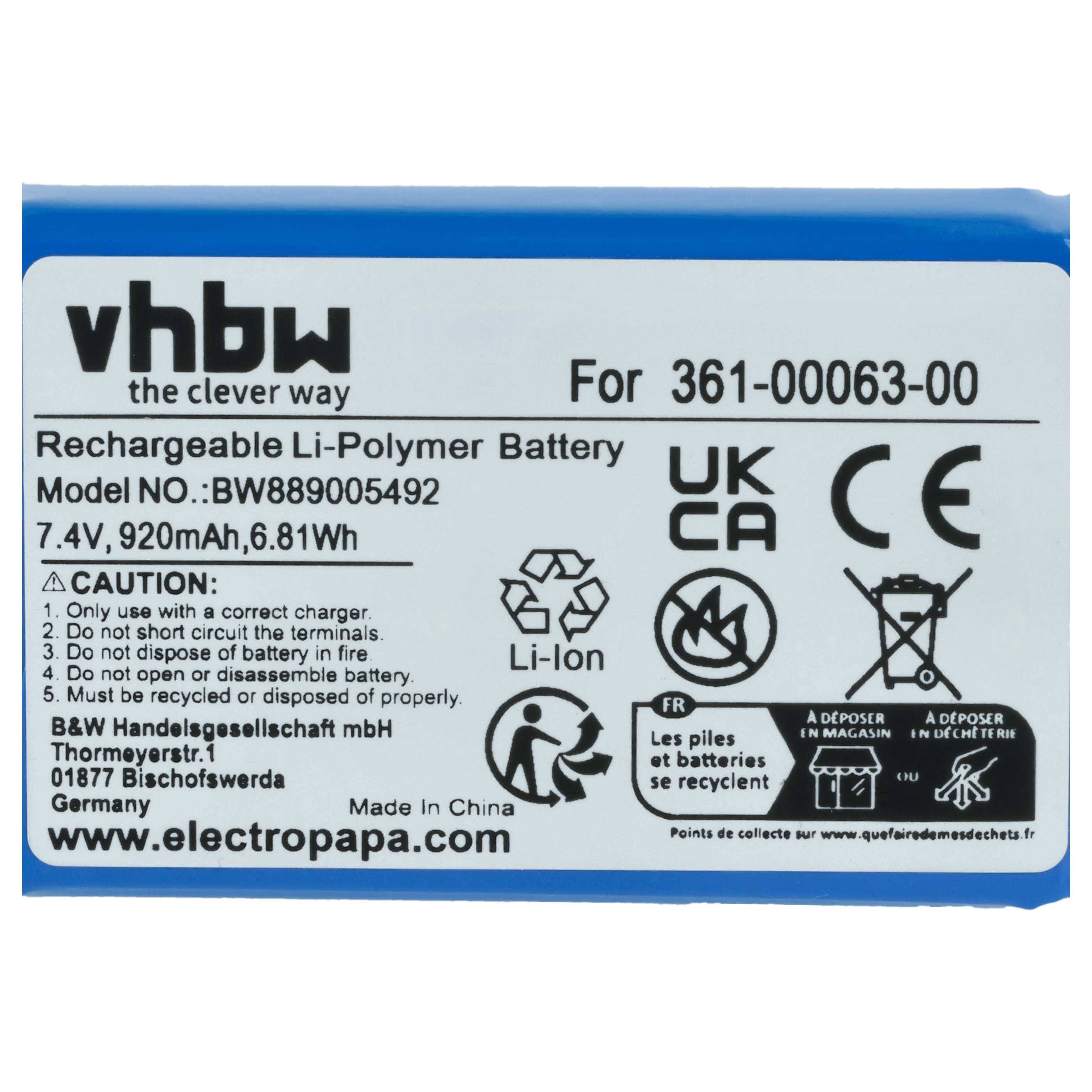 vhbw Akku Ersatz für Garmin 361-00063-00 für GPS Navigation Navi (920 mAh, 7,4 V, Li-Polymer)