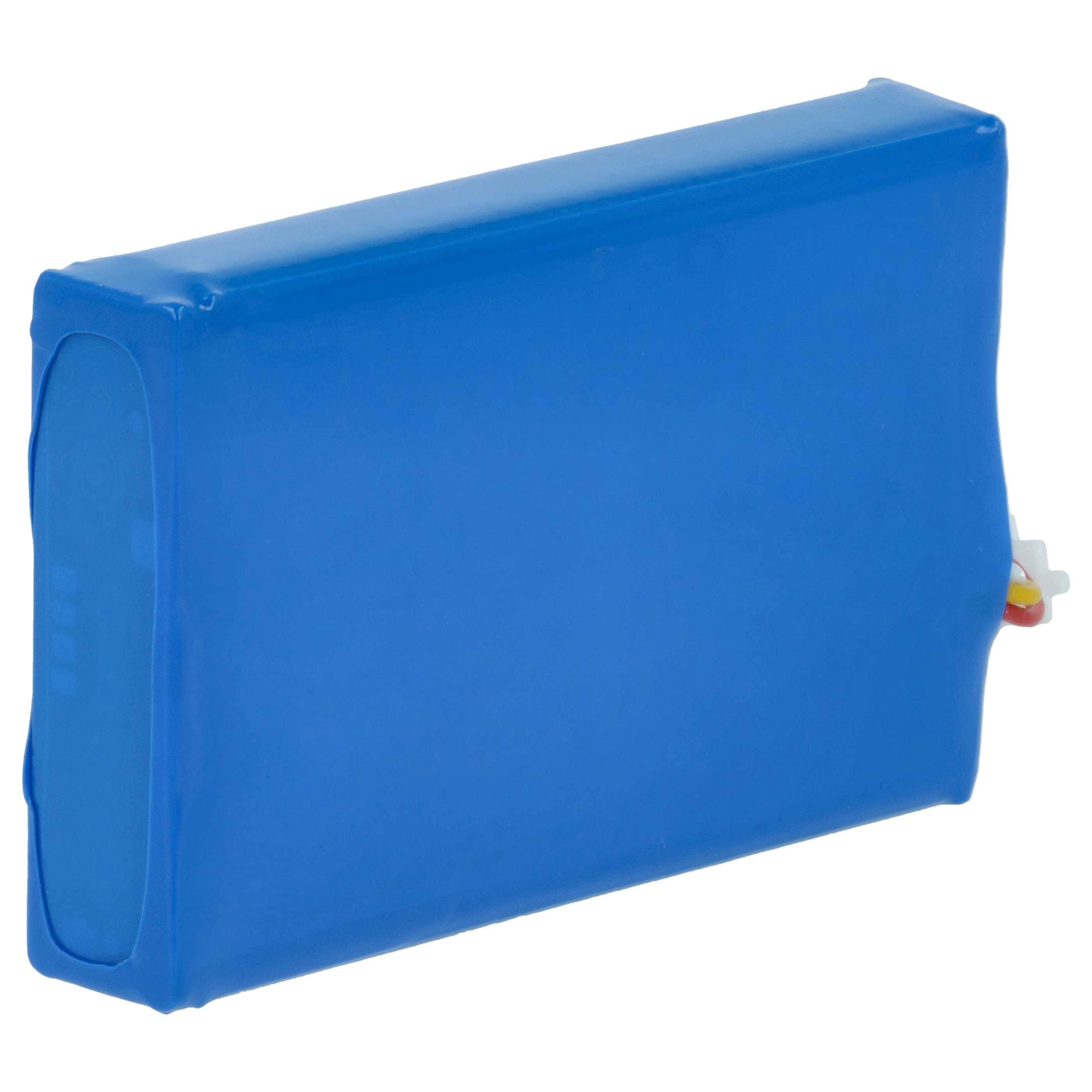 Ein blauer rechteckiger Akkupack mit sichtbaren Kabeln an der Seite.